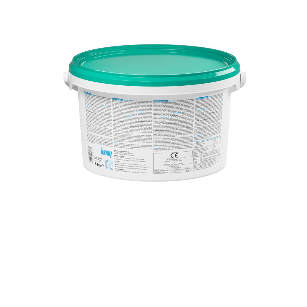 Weißer Eimer mit türkisfarbenem Deckel, 6 kg Knauf Uniflott Finish imprägniert
