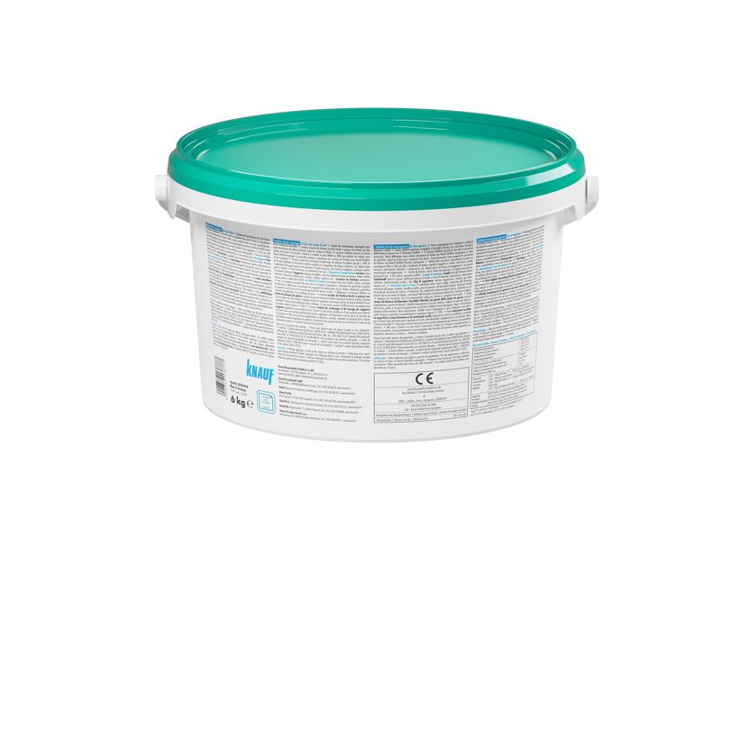 Weißer Eimer mit türkisfarbenem Deckel, 6 kg Knauf Uniflott Finish imprägniert