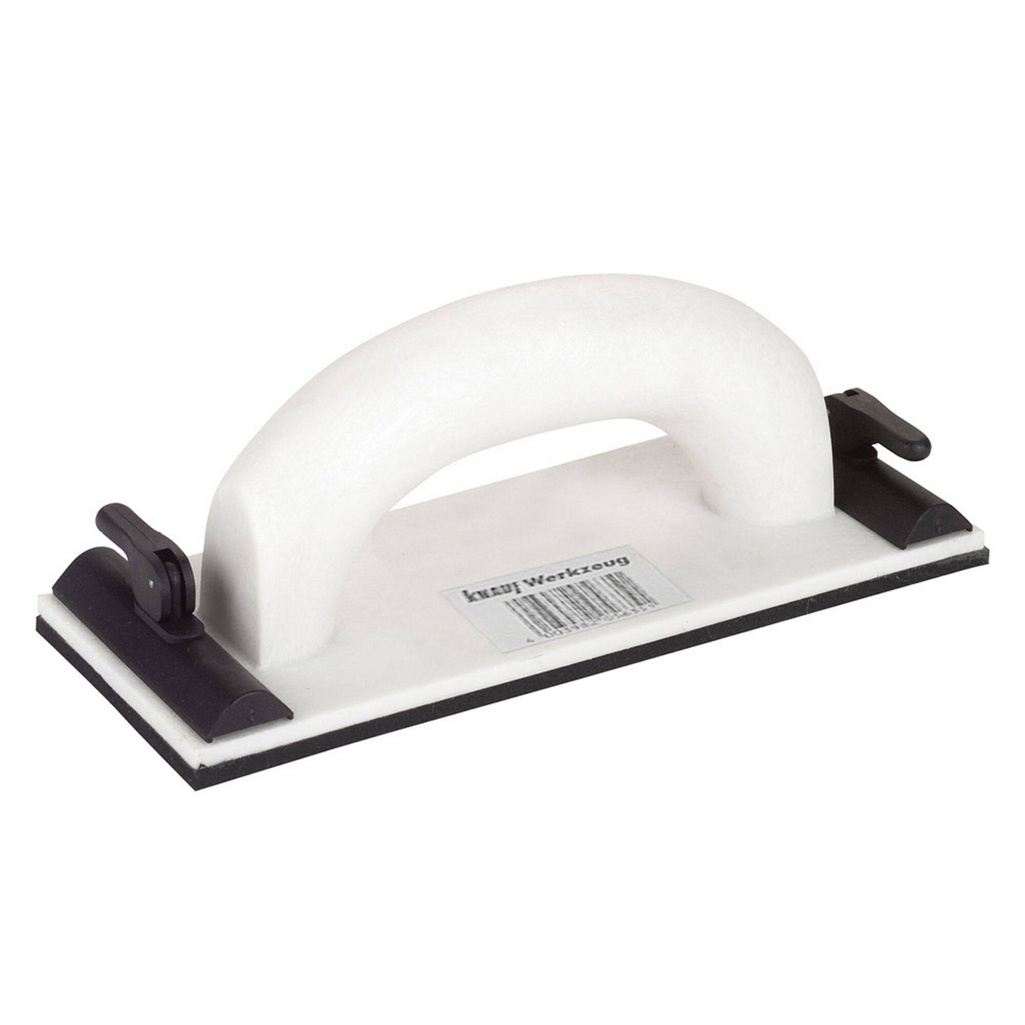 Handschleifer mit weißem Griff und schwarzer Schleiffläche