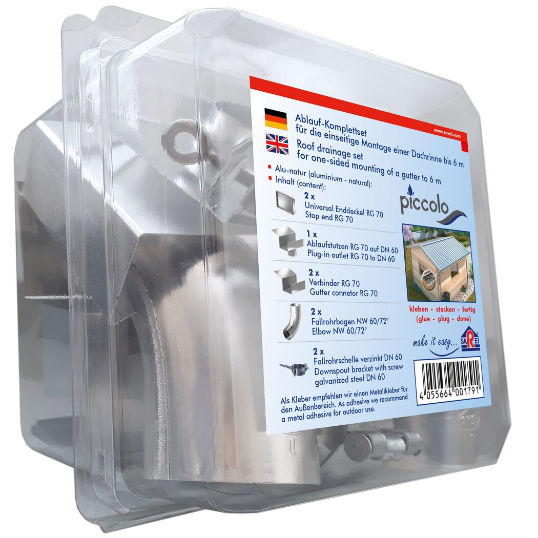 Regenrinnen-Komplettset Piccolo in durchsichtiger Verpackung
