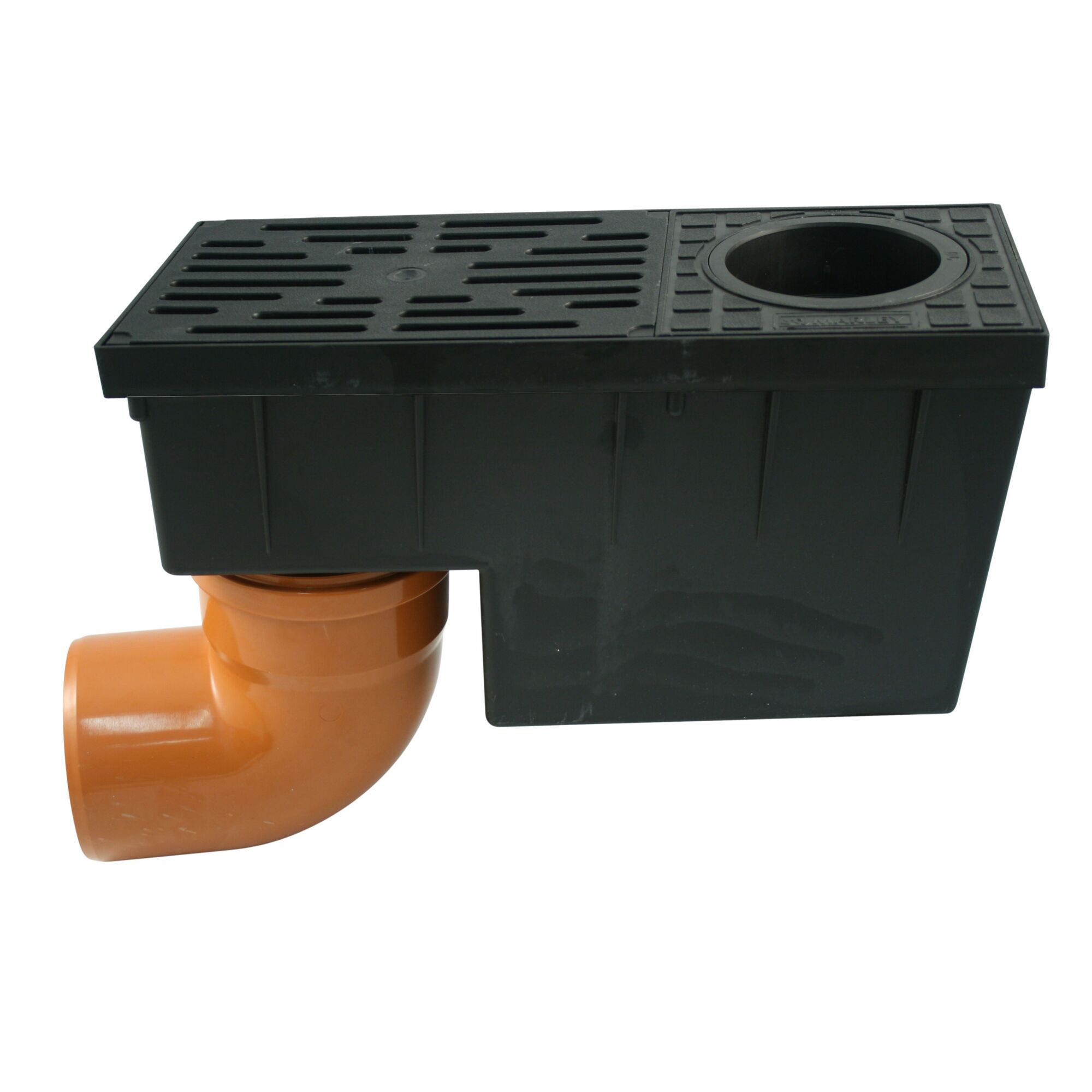 Schwarzer Regensinkkasten RSK 2000 mit braunem Ablaufrohr