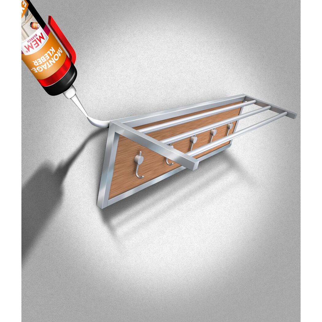 Montagekleber MEM wird zum Anbringen einer Garderobe verwendet