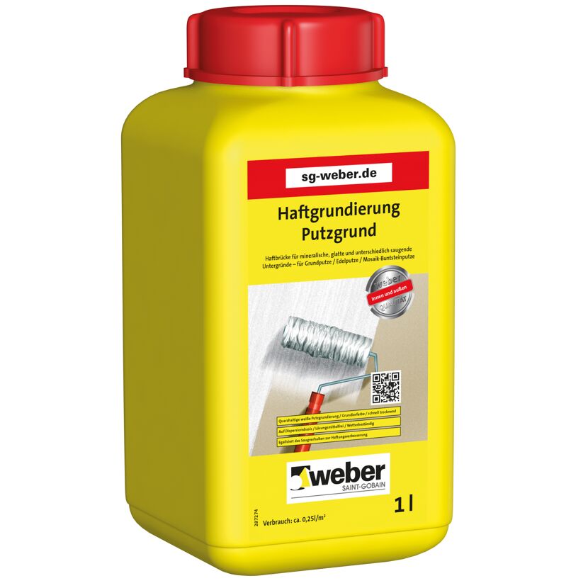 Weber Haftgrundierung Putzgrund 1 l, gelber Kanister mit rotem Deckel, Farbrolle