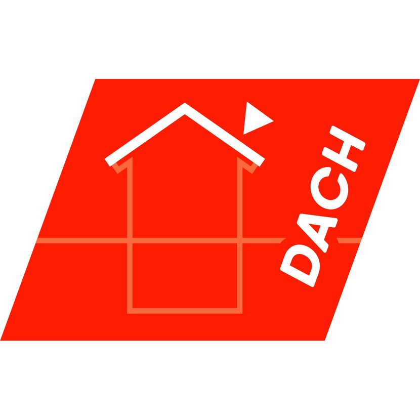Rotes Logo mit Haus und Schriftzug 'DACH'