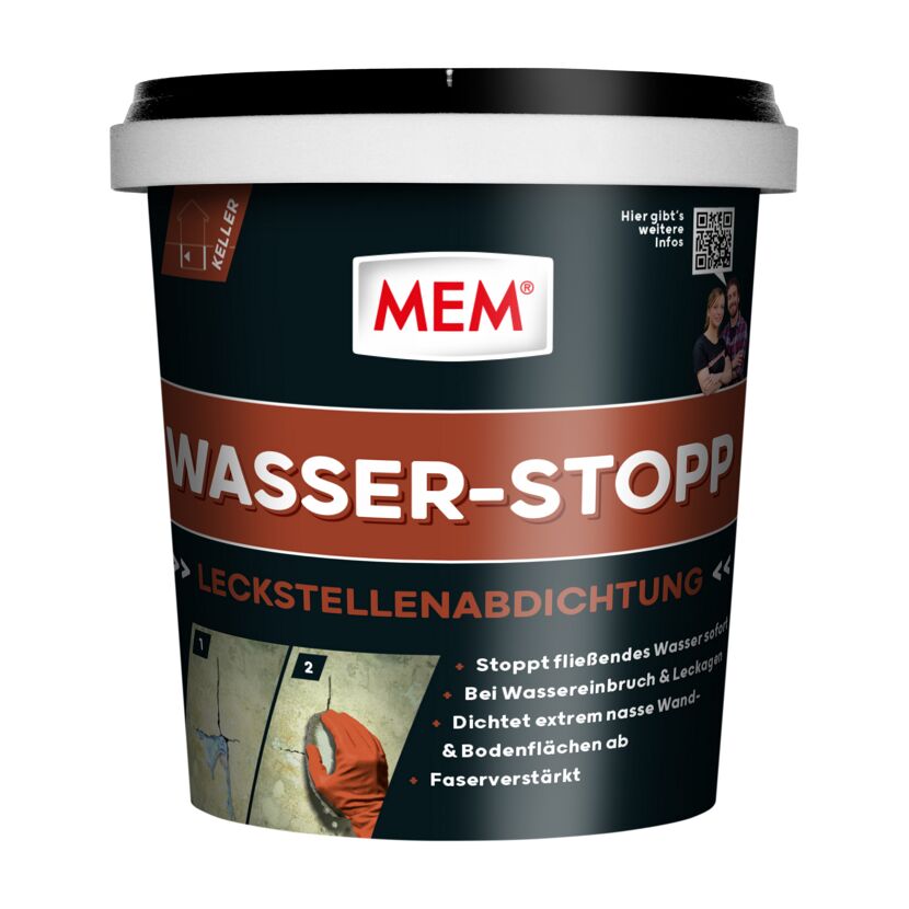 MEM Wasser-Stopp, weiße Dichtmasse, Dose, Person beim Abdichten