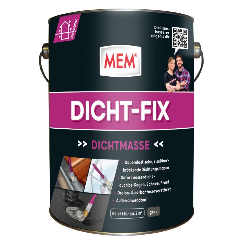 Dicht-Fix Dichtmasse grau im Eimer, Pinsel