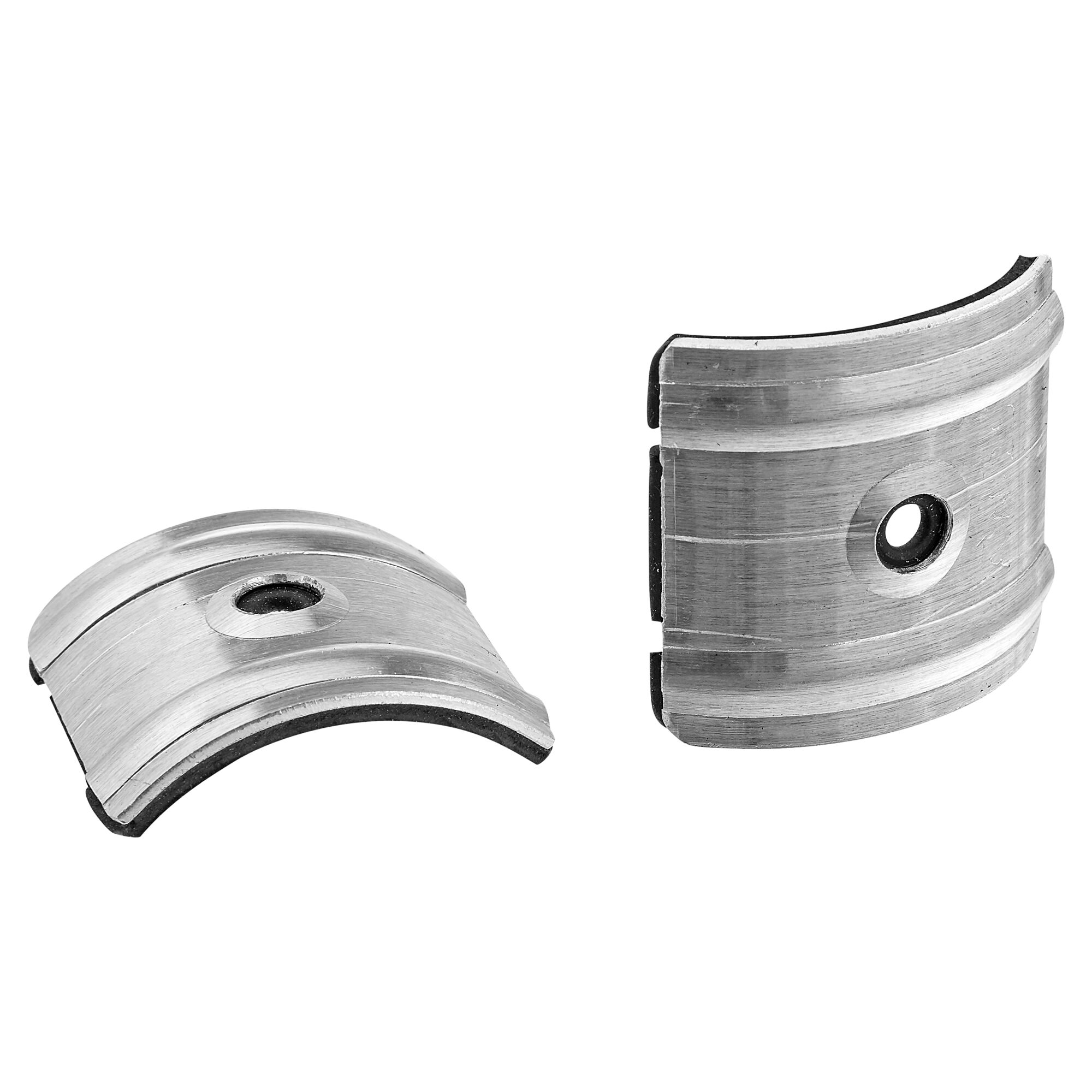 Zwei gebogene Metallhalterungen mit Schraubenloch