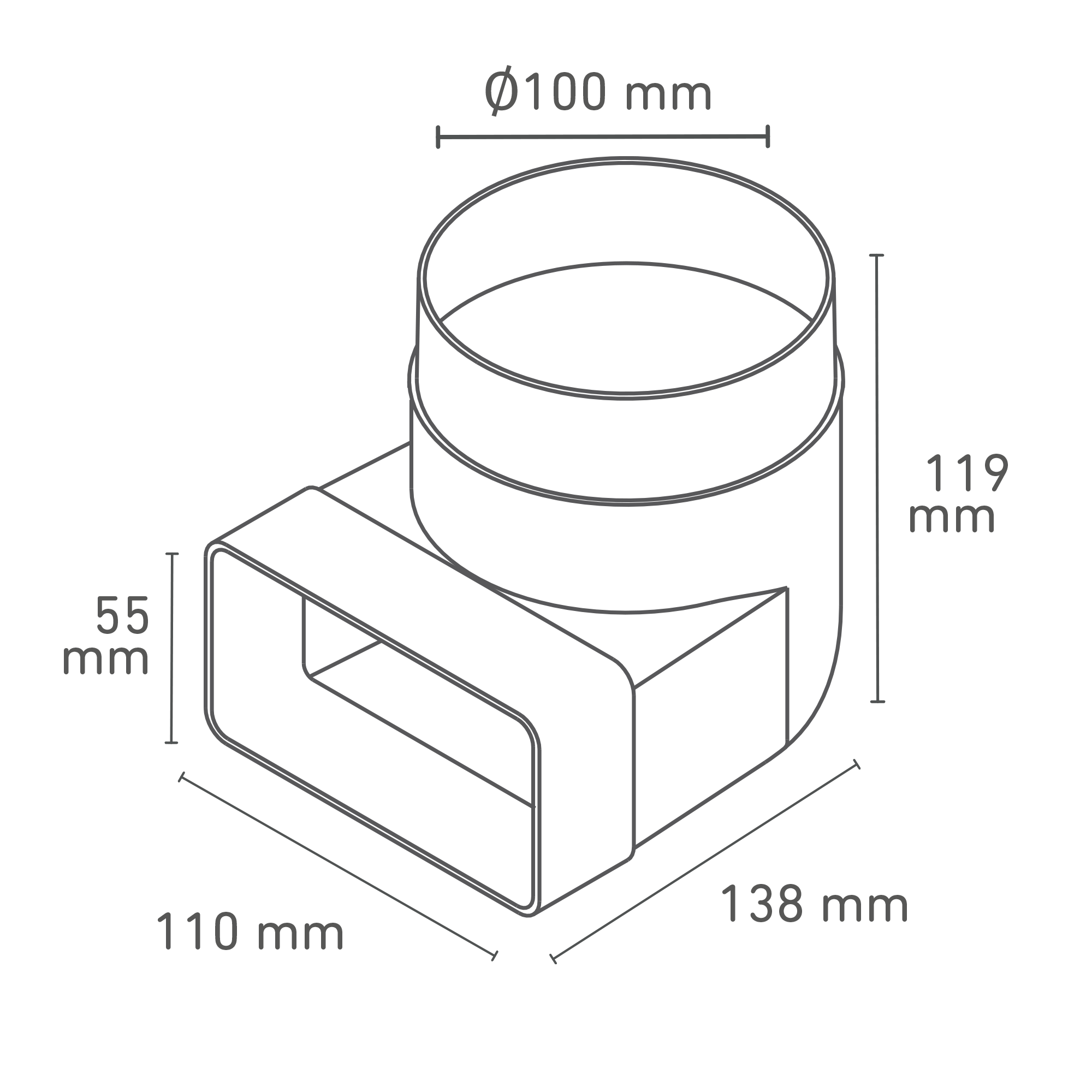 Verbinder Rundrohr auf Flachkanal Ø 100 mm / 110 x 55mm