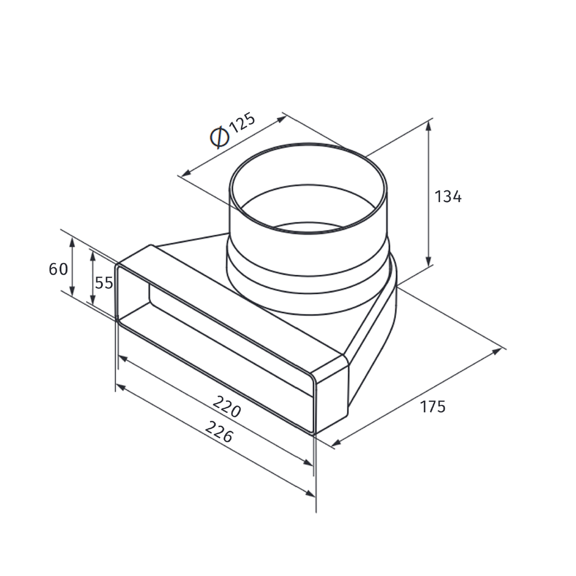 Verbinder Rundrohr auf Flachkanal 90° senkrecht, Ø 125 / 220 x 55 mm