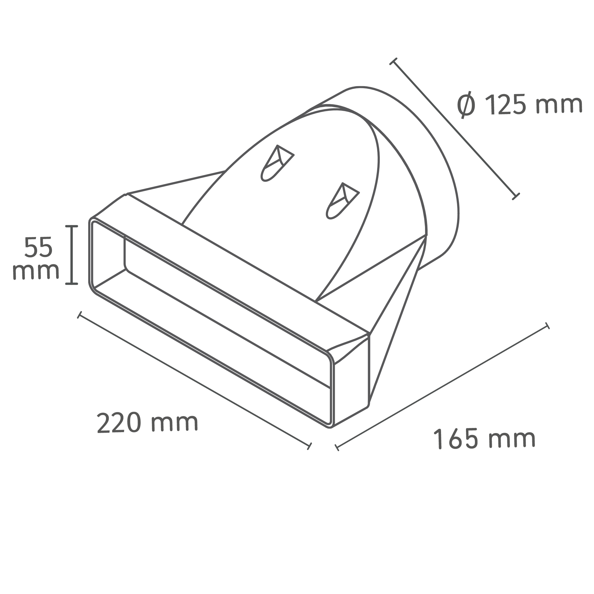 Verbinder Rundrohr auf Flachkanal horizontal Ø 125 / 220 x 55 mm
