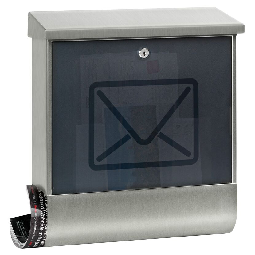 Silberner Briefkasten mit Umschlag-Symbol.