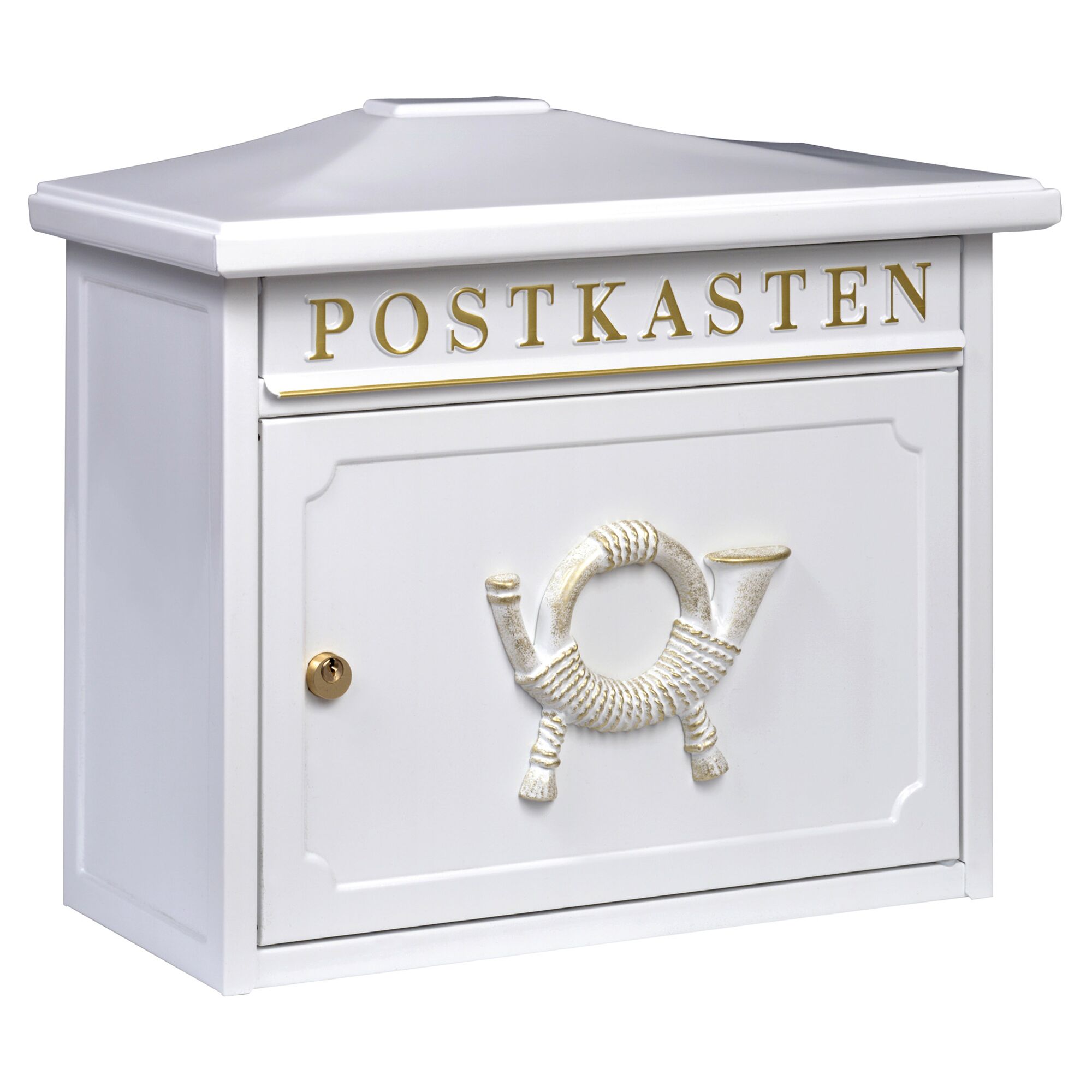 Weißer Briefkasten mit Posthorn