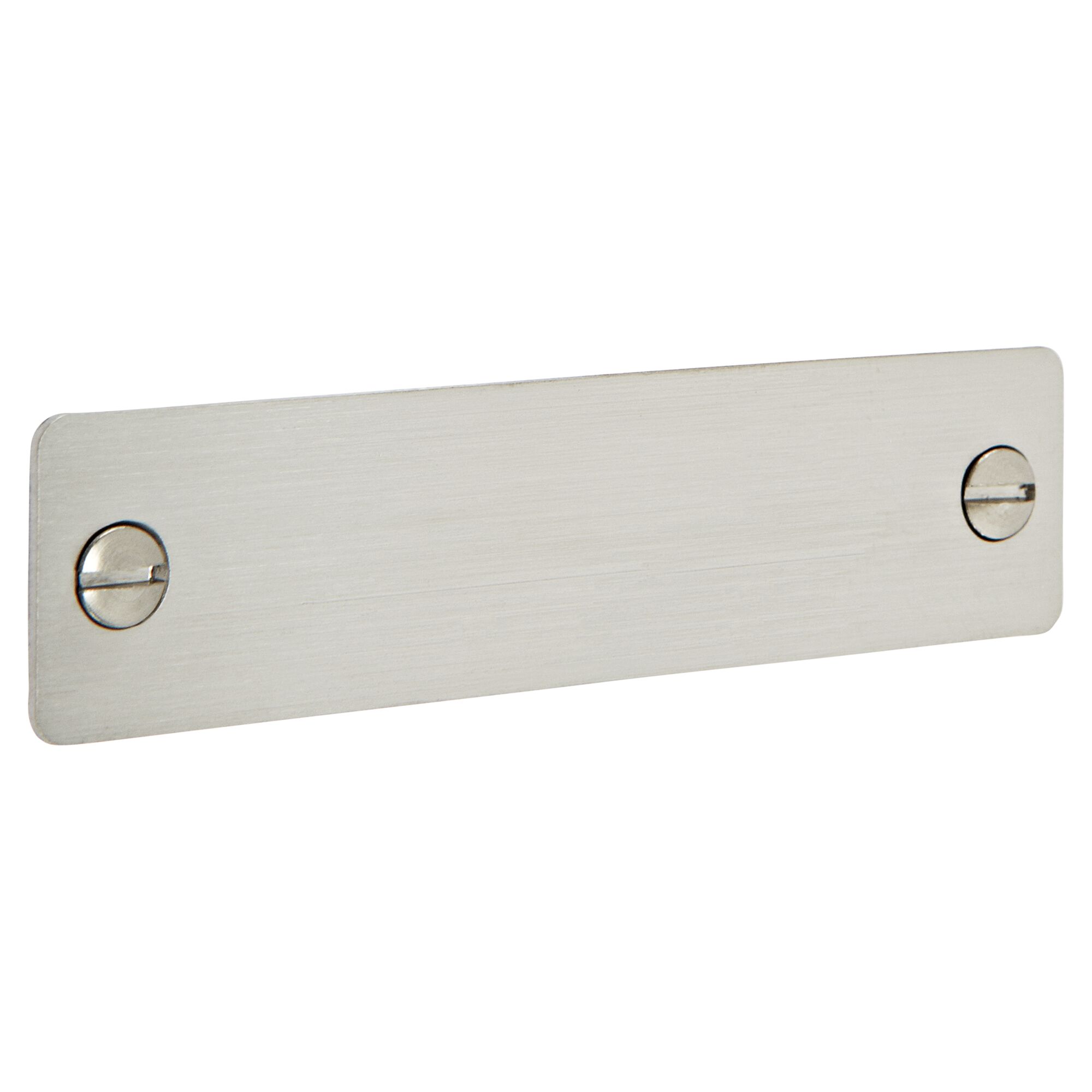 Leeres silbernes Namensschild mit zwei Schrauben.