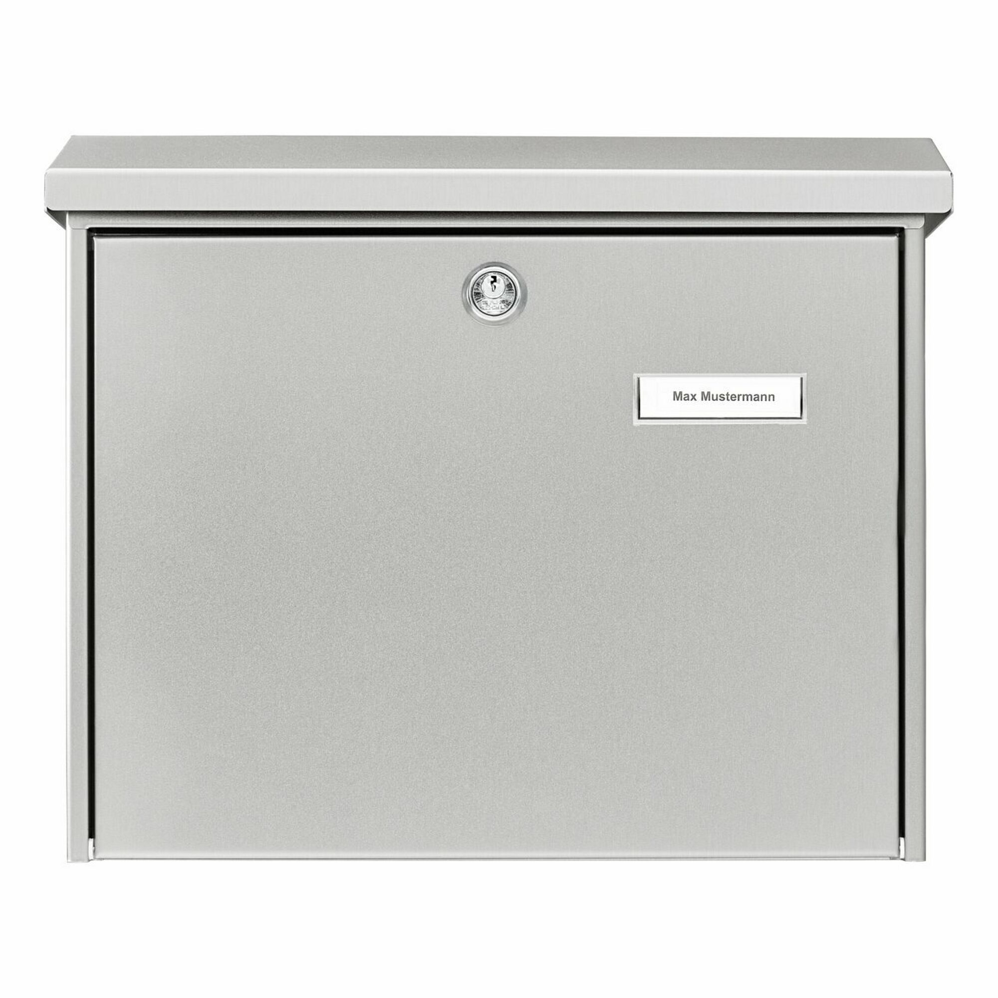 Silberner Edelstahlbriefkasten mit Namensschild.