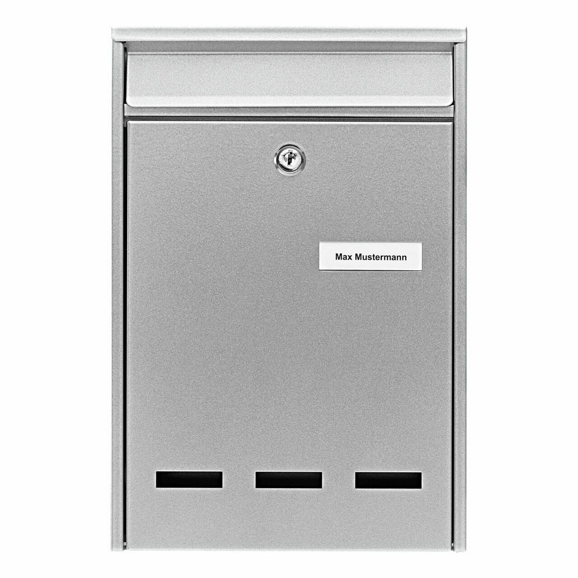 Silberner Briefkasten mit Namensschild