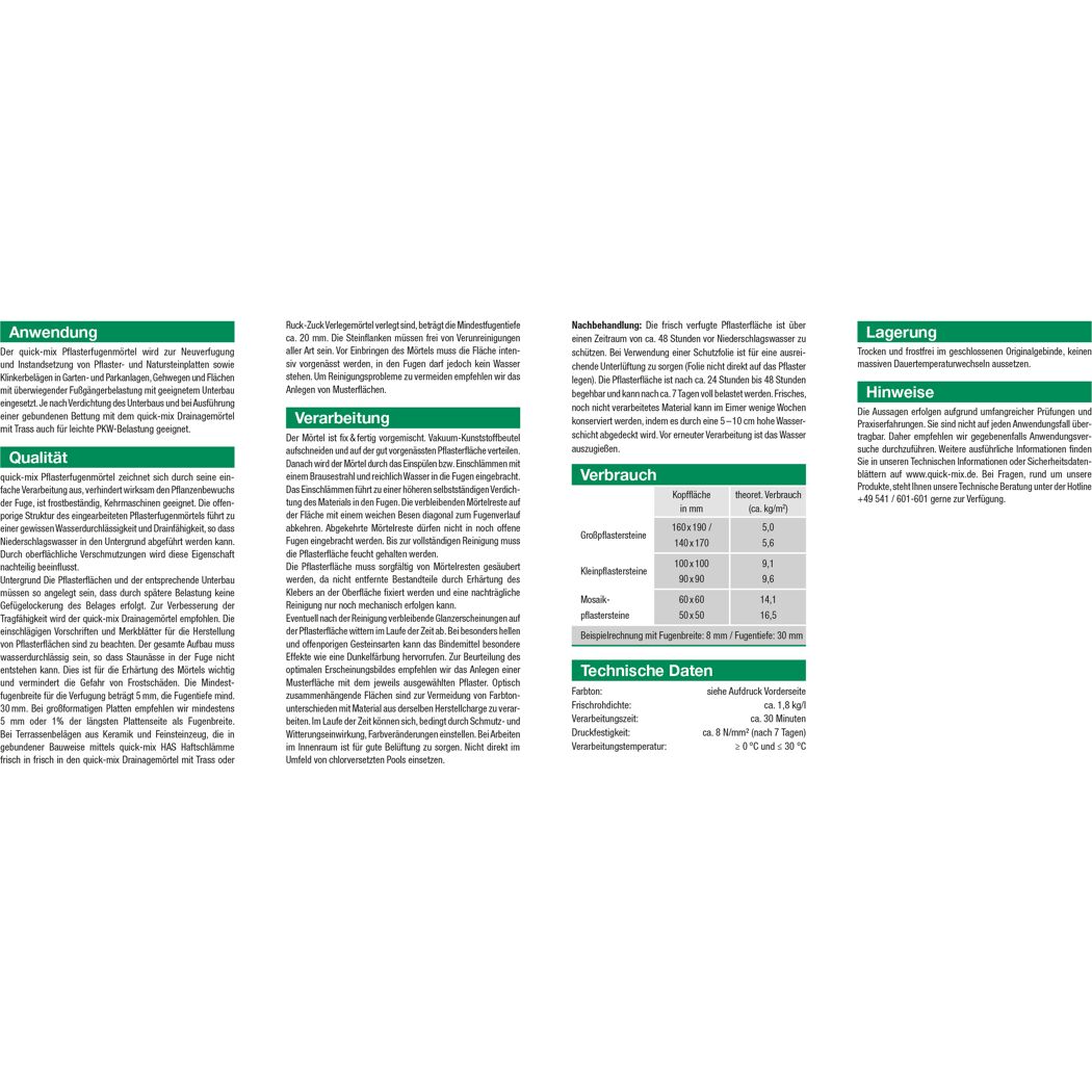 Produktinformation quick-mix Pflasterfugenmörtel