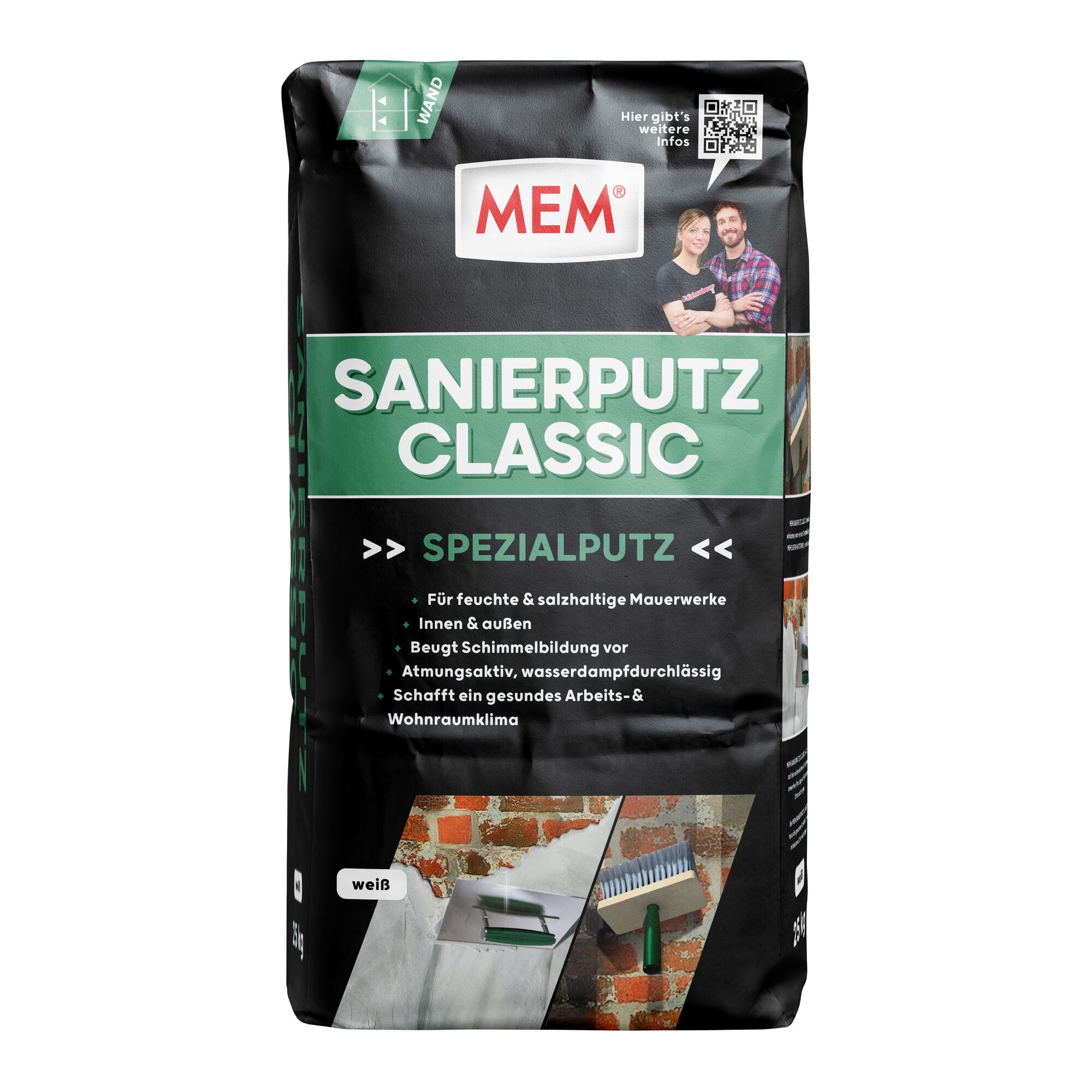 MEM Sanierputz Classic, 25 kg Sack, weiß, Kelle und Bürste