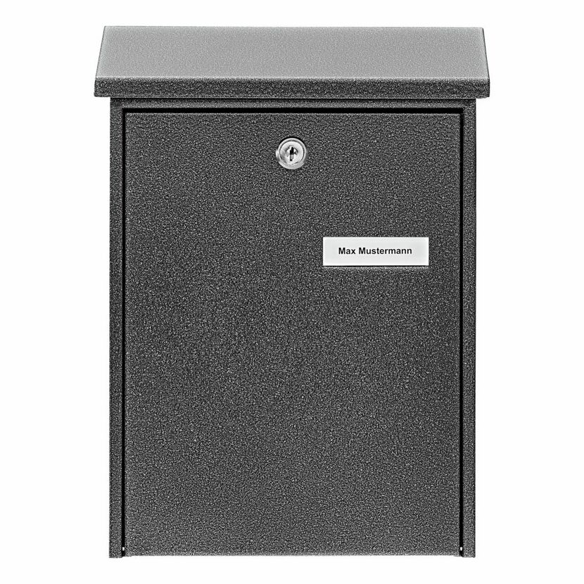 Grauer Briefkasten aus Stahl mit Namensschild