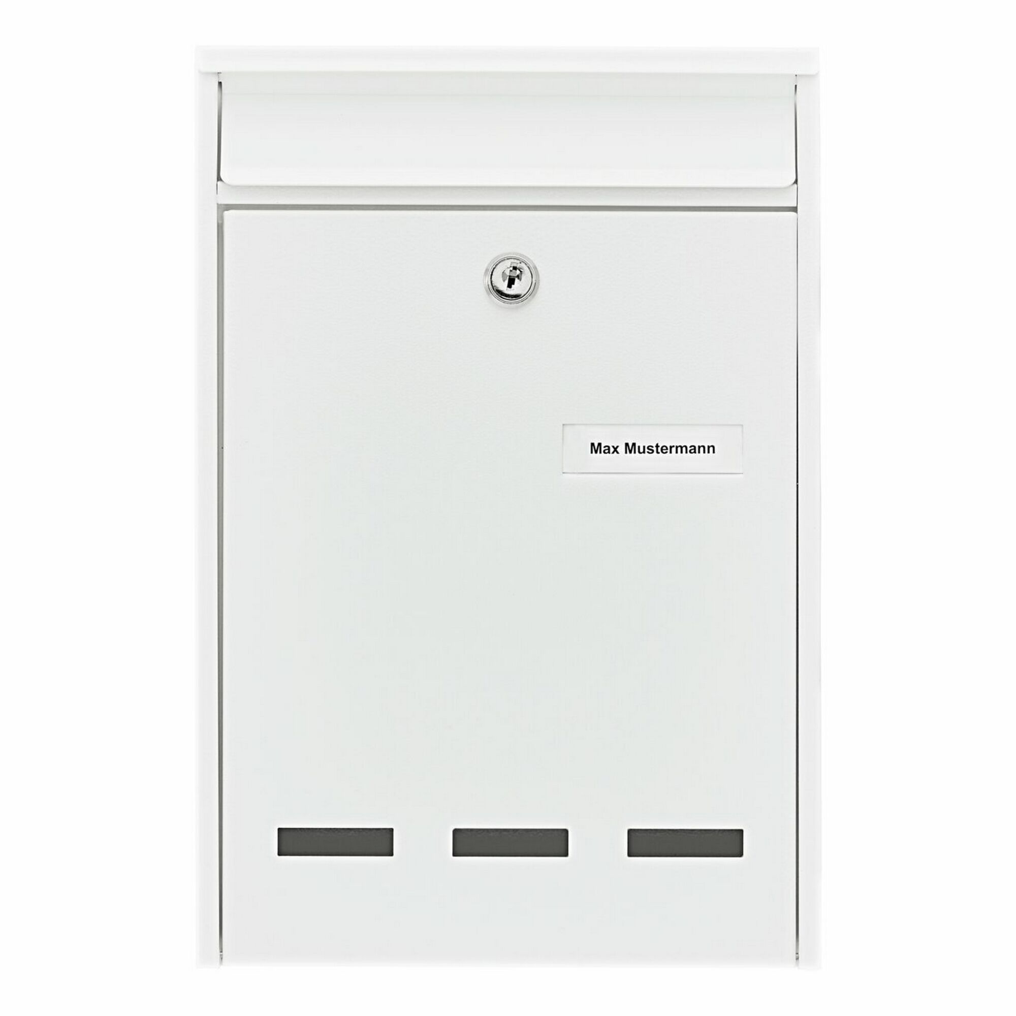 Weißer Briefkasten aus Stahl mit Namensschild.