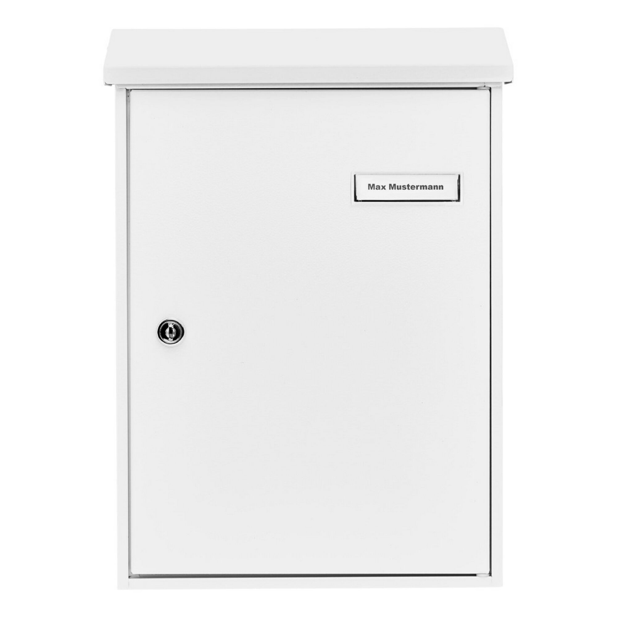 Weißer Briefkasten mit Namensschild.