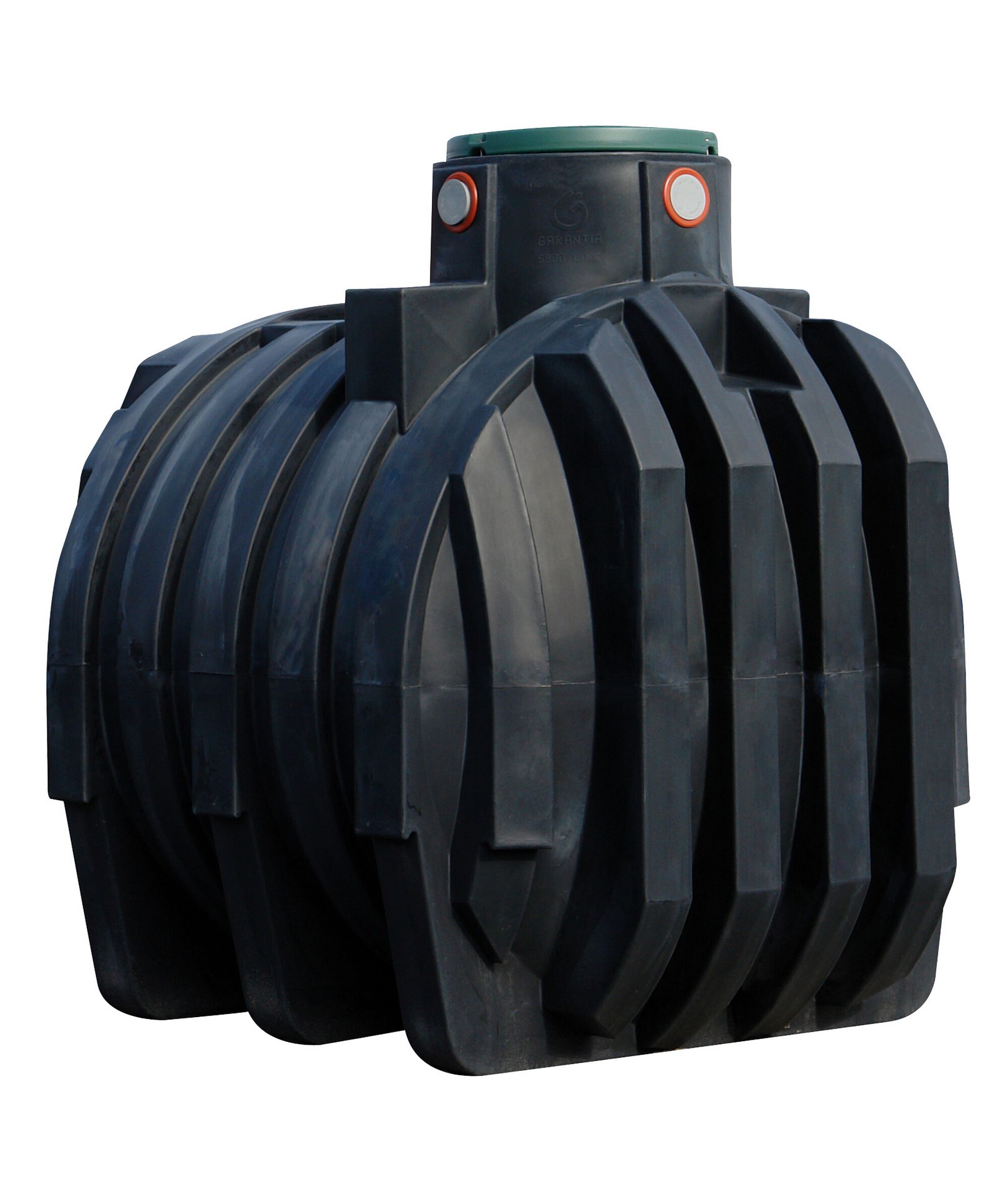 Schwarzer Kunststofftank mit grünem Deckel.