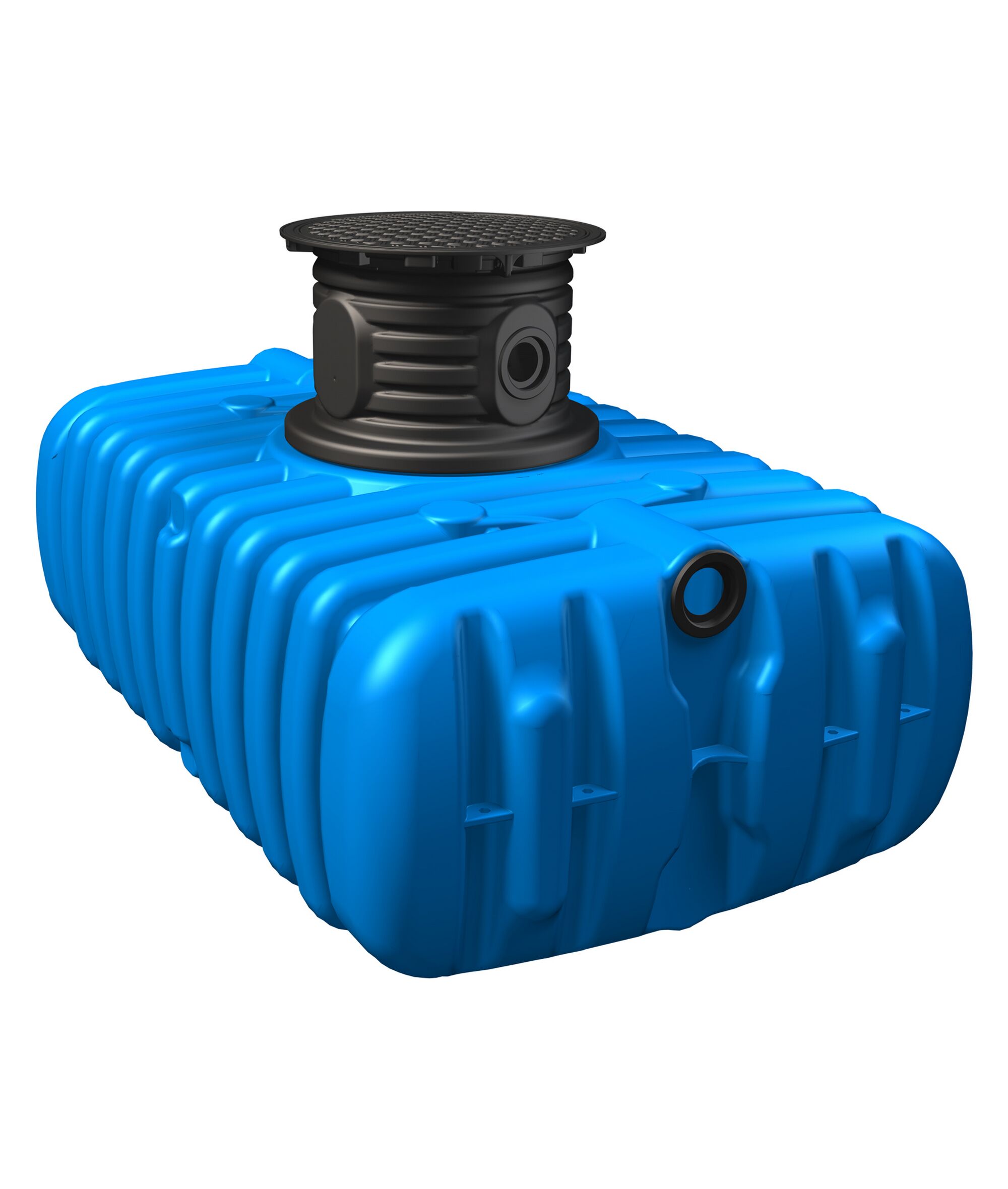 Blauer Flachtank mit schwarzem Schachtverschluss.