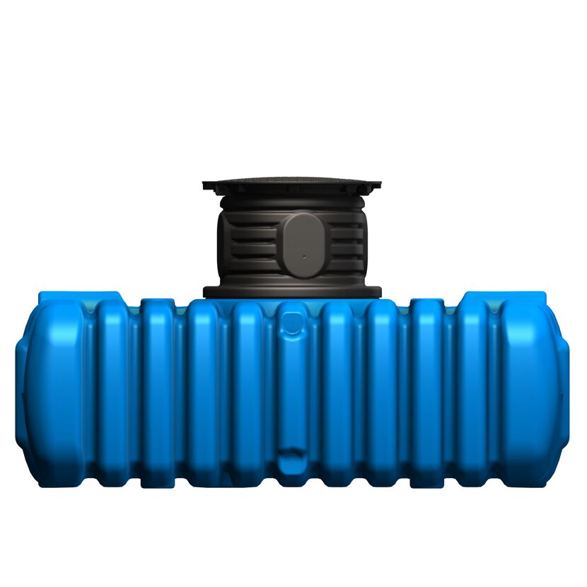 Blauer Flachtank mit schwarzem Schacht.