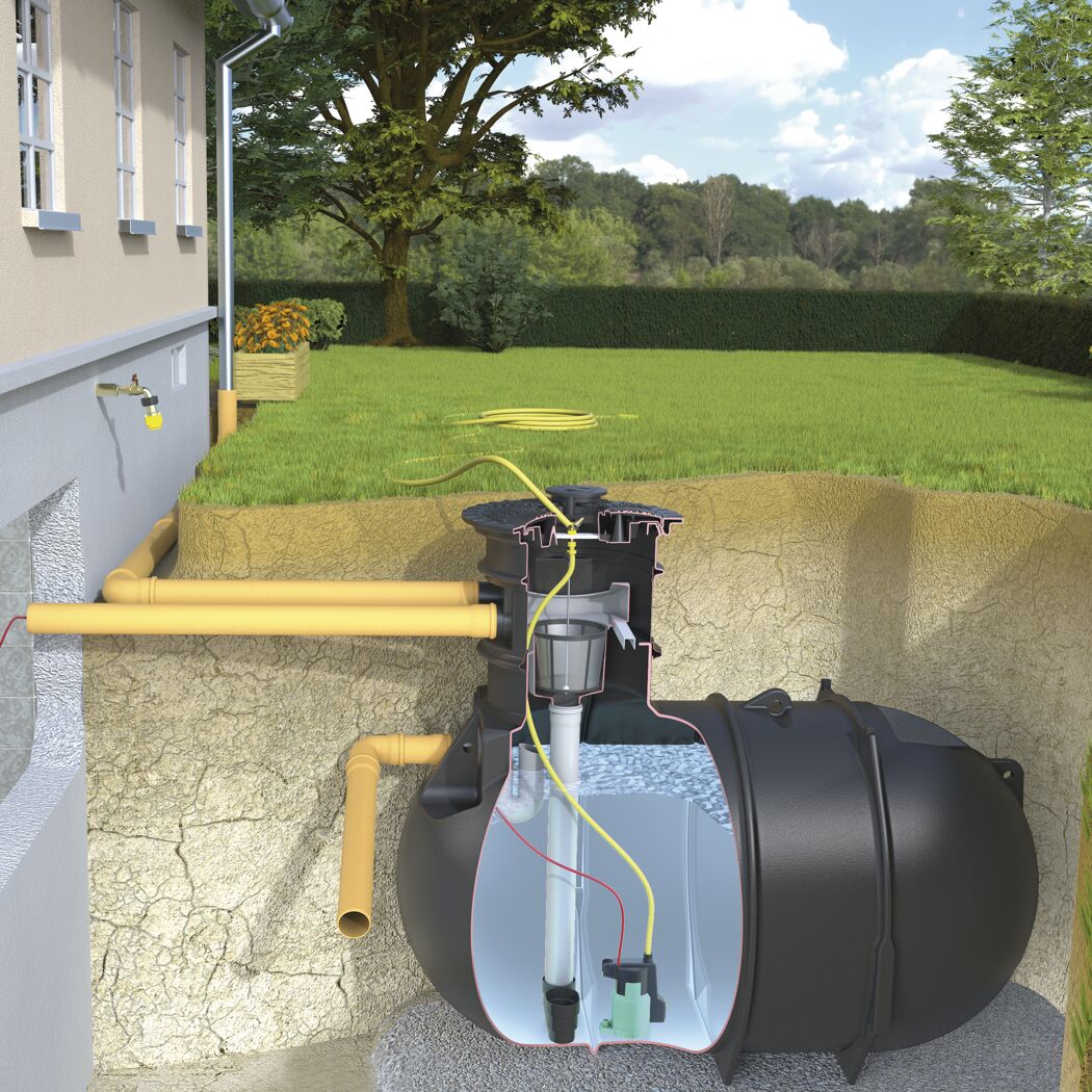 Schema einer Gartenanlage mit Zisterne, Pumpe und Schlauch