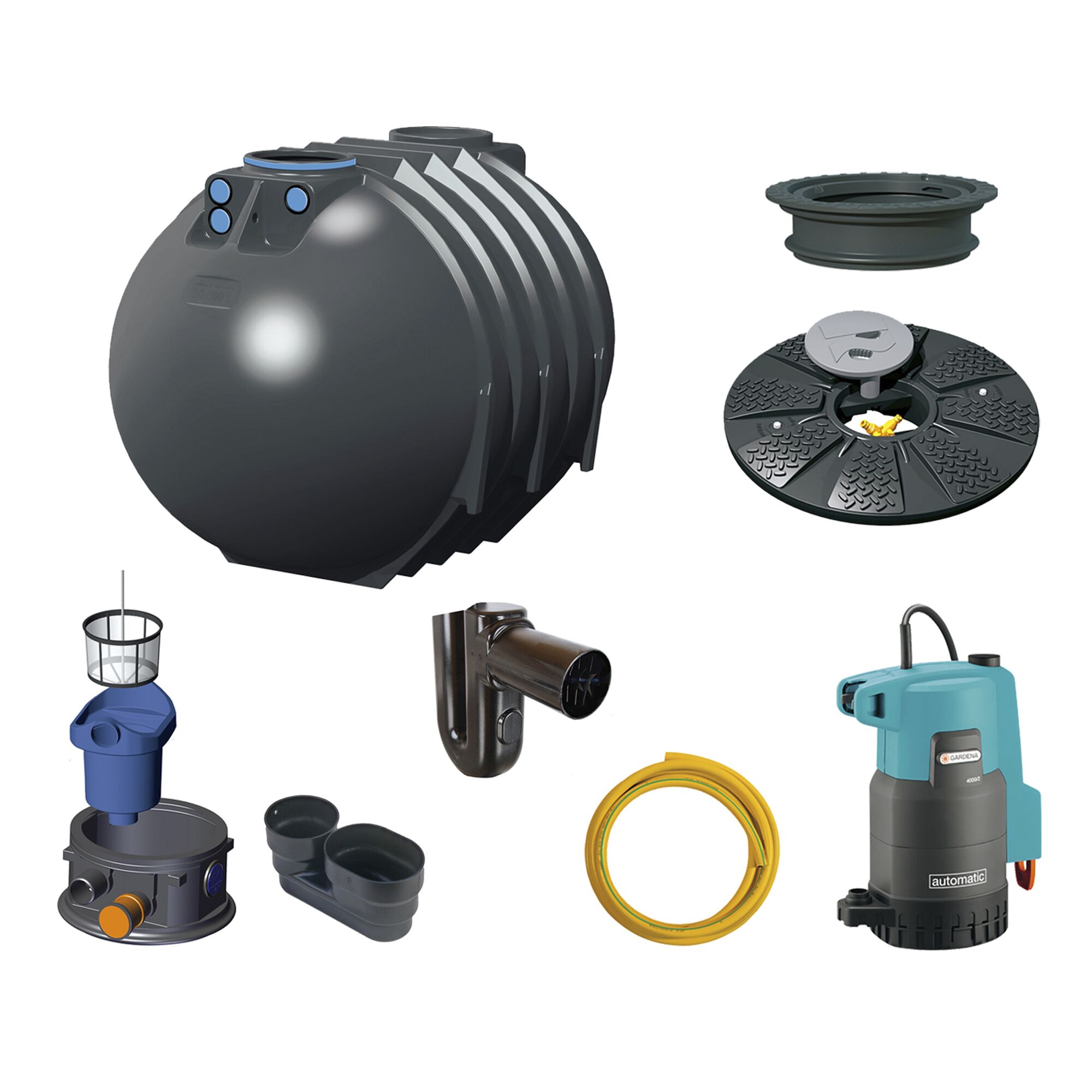 Komponenten einer Gartenanlage: Tank, Pumpe, Schläuche, Filter und Anschlüsse.