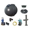 Bestandteile einer Gartenanlage: Tank, Pumpe, Schlauch, Wasserhahn.