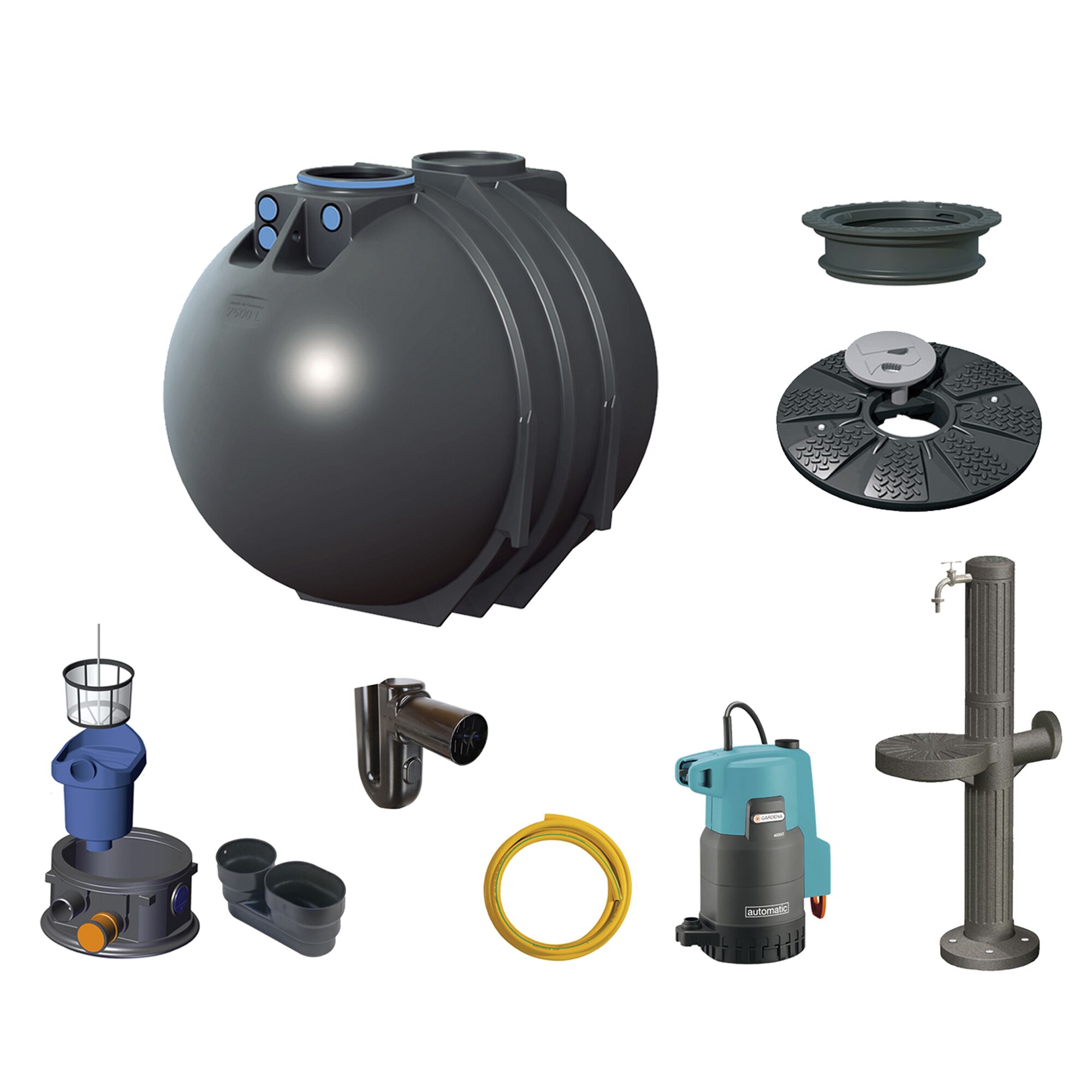Bestandteile einer Gartenanlage: Tank, Pumpe, Schlauch, Wasserhahn.
