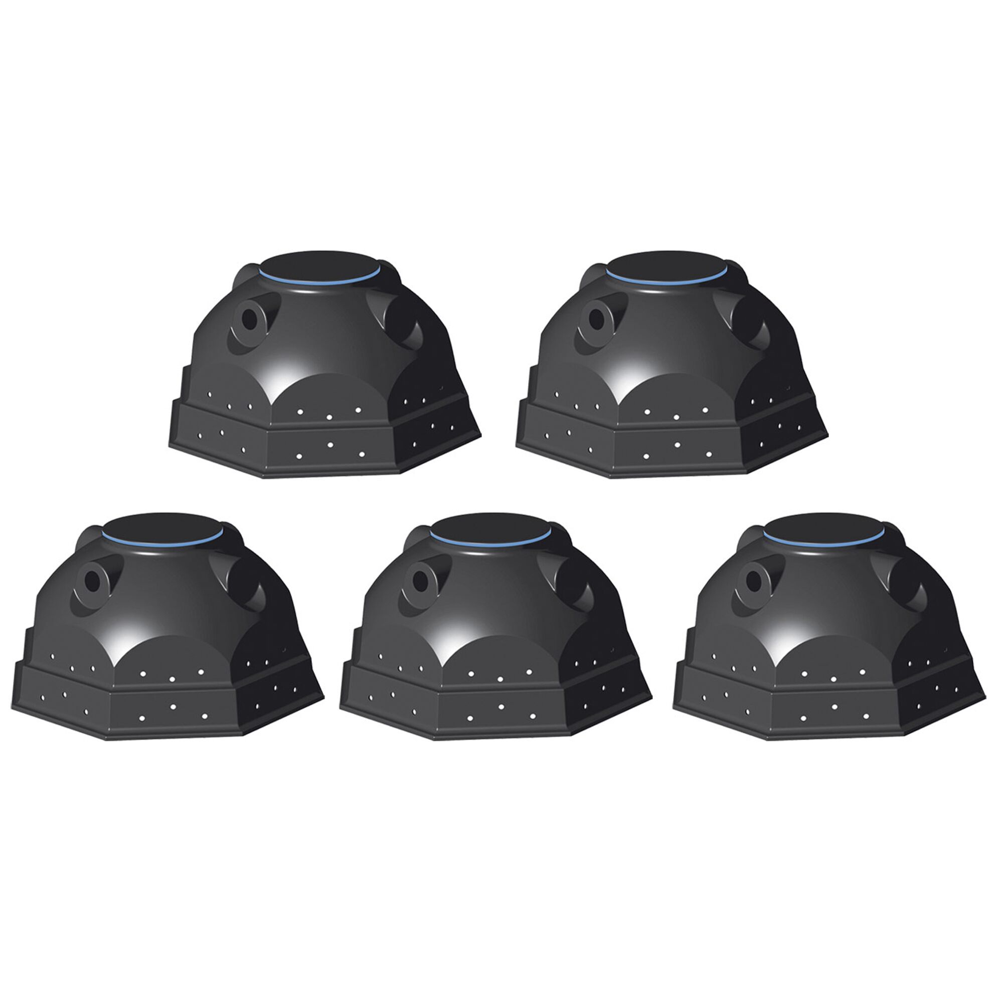 Fünf schwarze Kunststoffbehälter für eine Kleinkläranlage