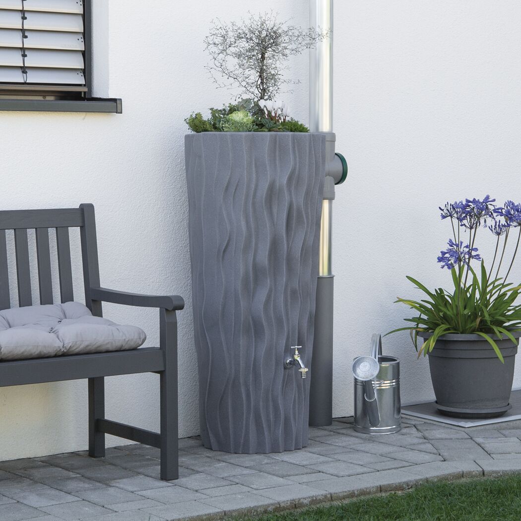 Grauer Regenspeicher Alana mit integriertem Blumentopf
