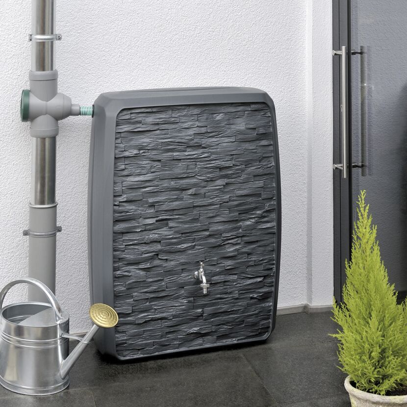 Anthrazitfarbene Regentonne Multitank 250 L mit Wasserhahn