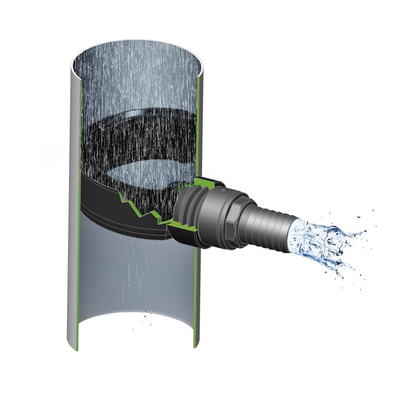 ARVES Regensammler EasyFix, Wasser fließt durch das Fallrohr.