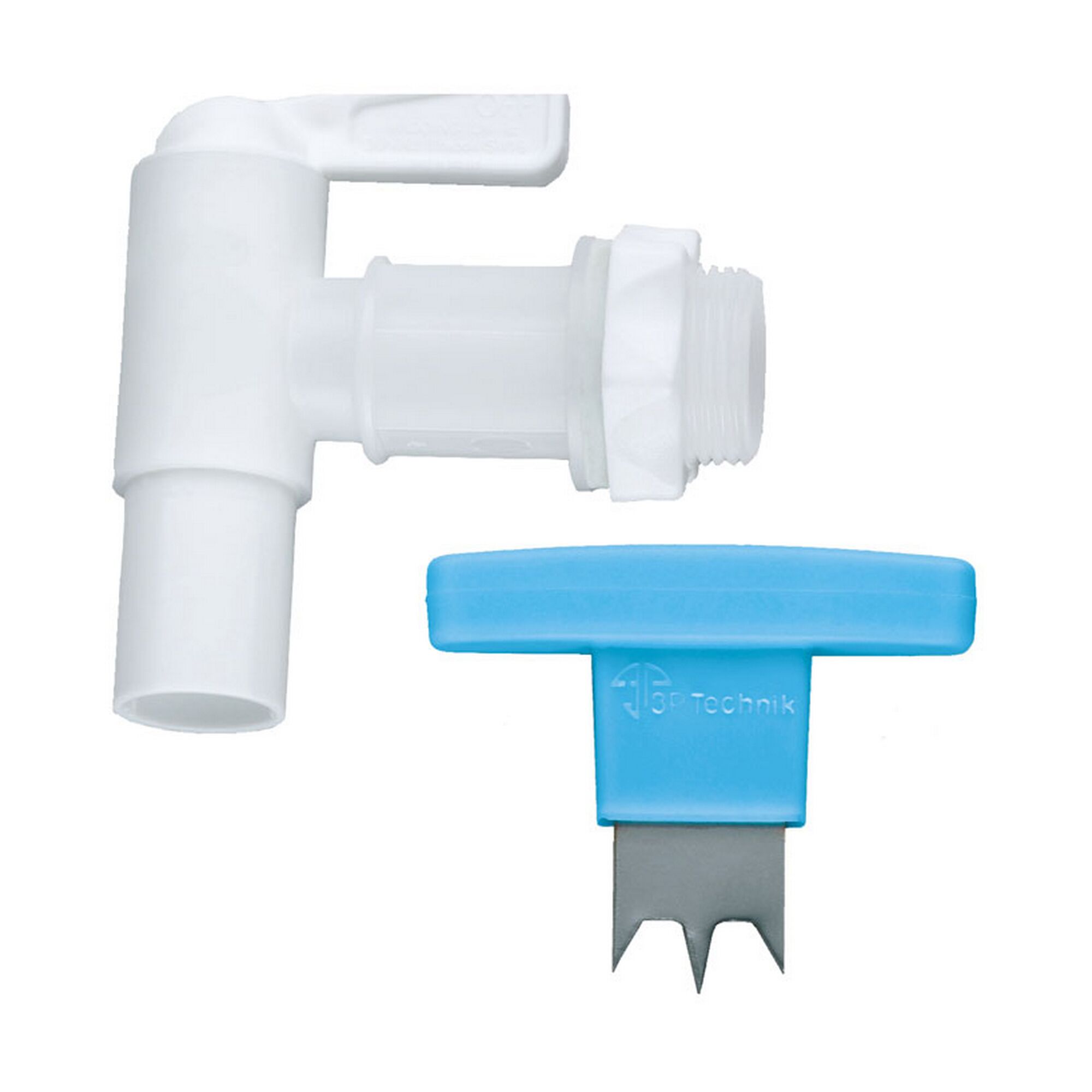 Weißer Auslaufhahn und blauer Zapfenschlüssel