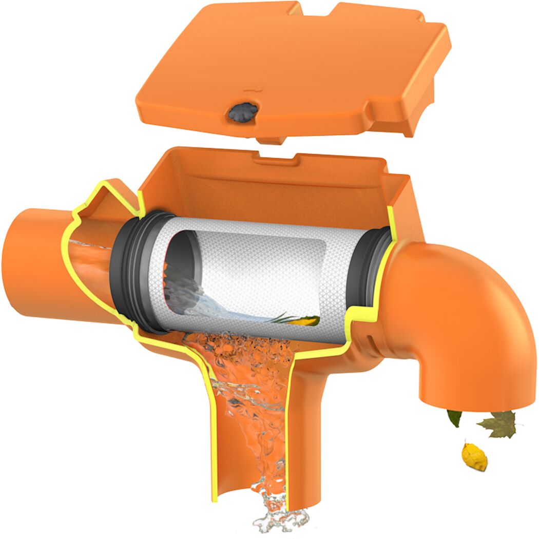 SUPRA-Filter intern im orangen Abflussrohr