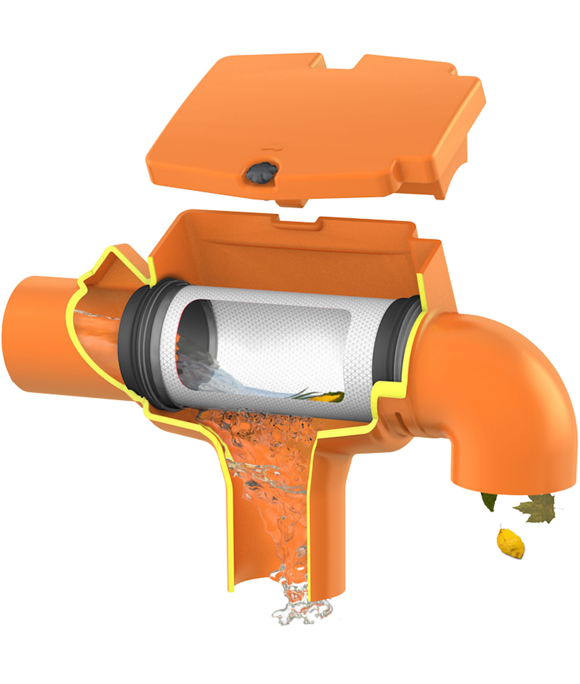 SUPRA-Filter intern im orangen Abflussrohr