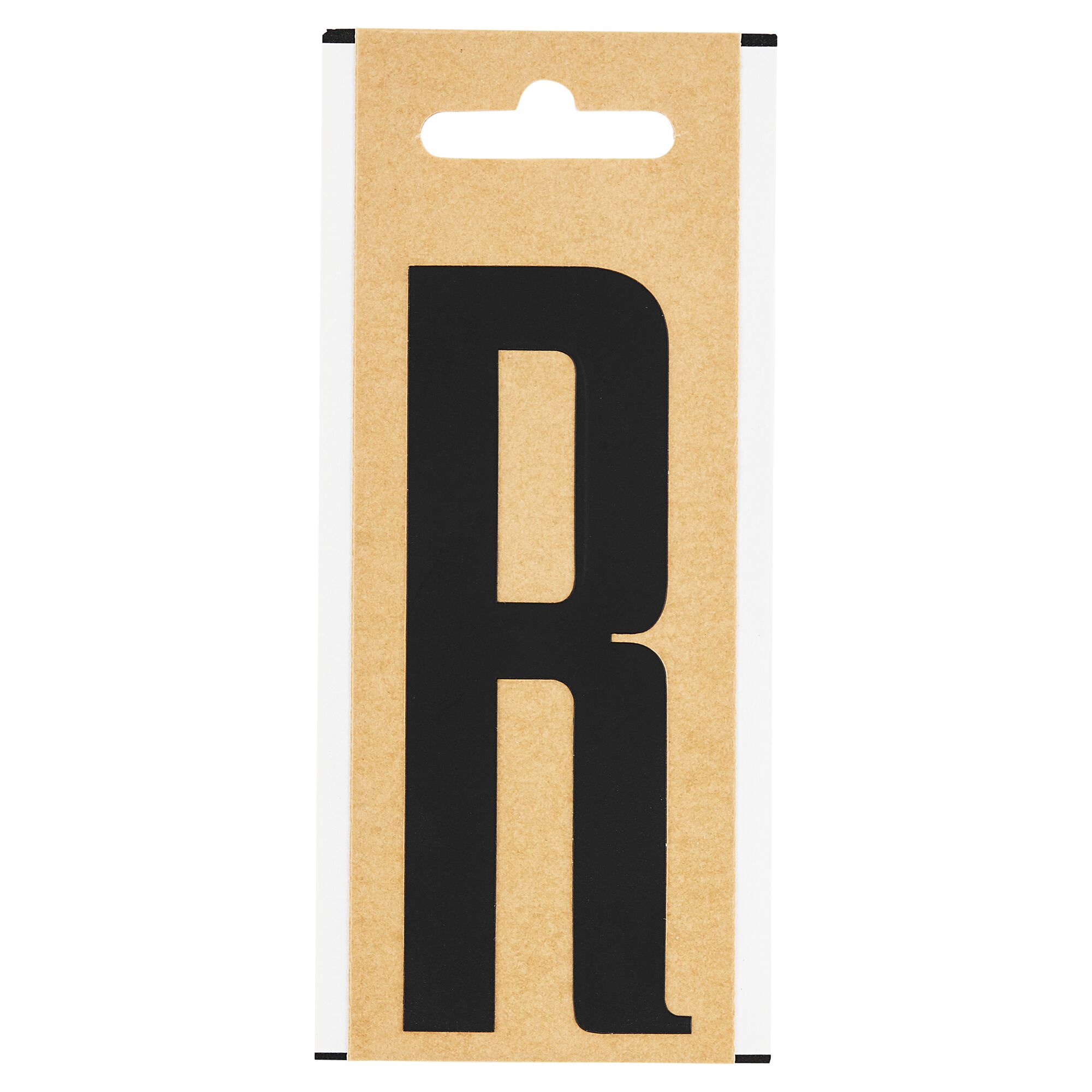 Schwarzer Folienbuchstabe R auf braunem Karton