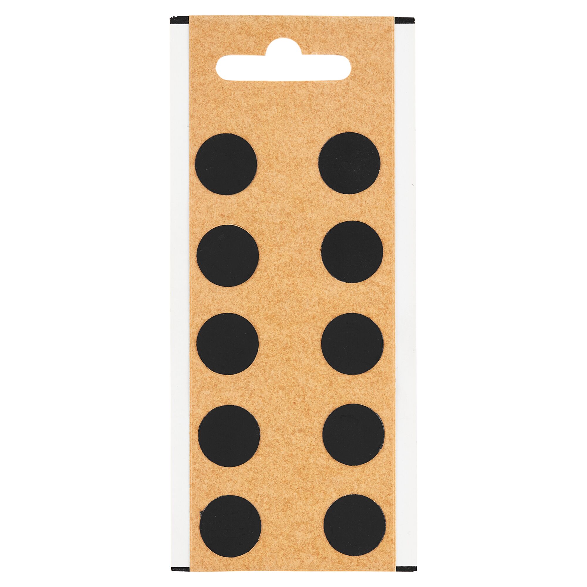 Zehn schwarze, runde Folienzeichen auf braunem Karton.