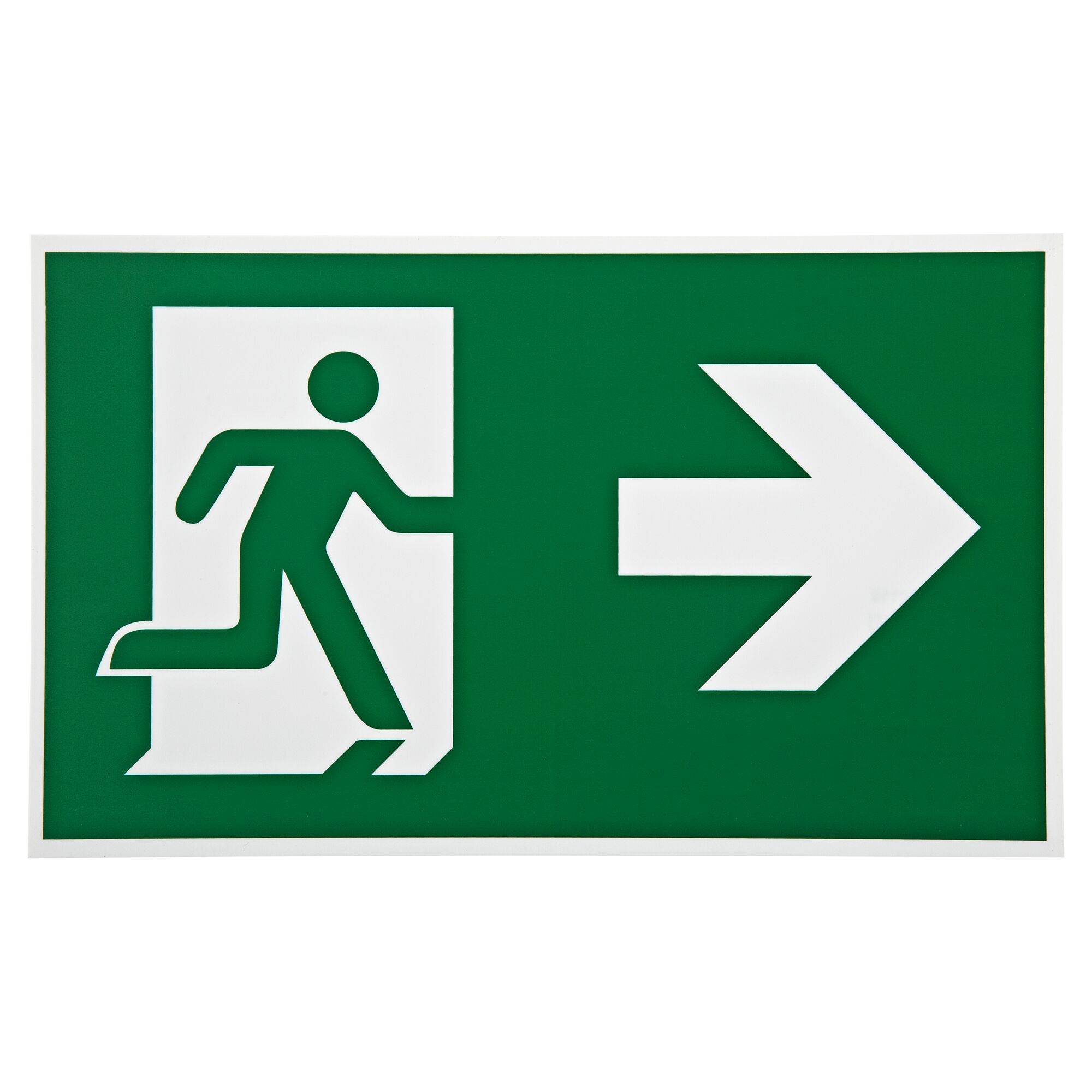 Grünes Notausgangsschild mit laufender Person und Pfeil nach rechts.