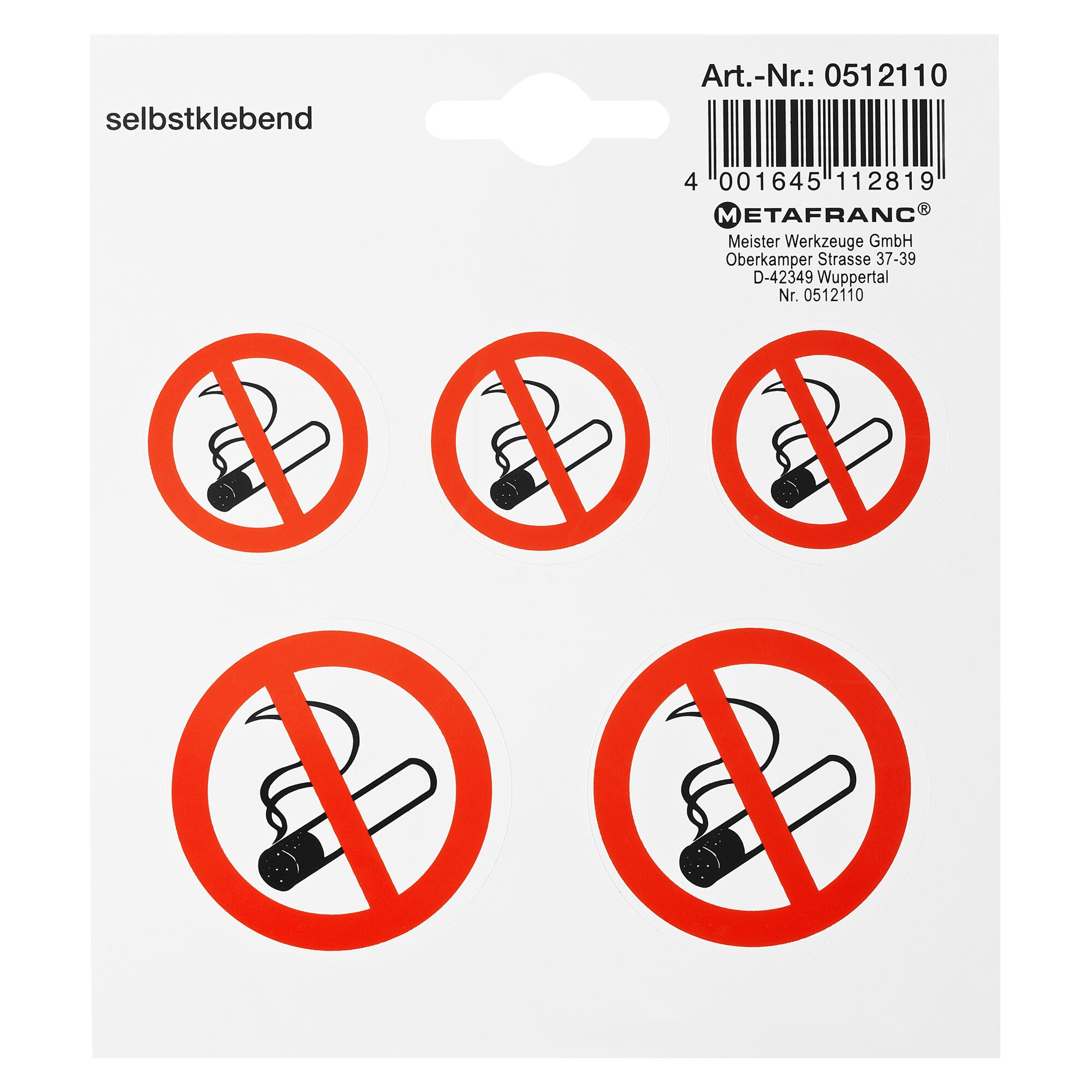 Fünf selbstklebende "Rauchen verboten"-Schilder