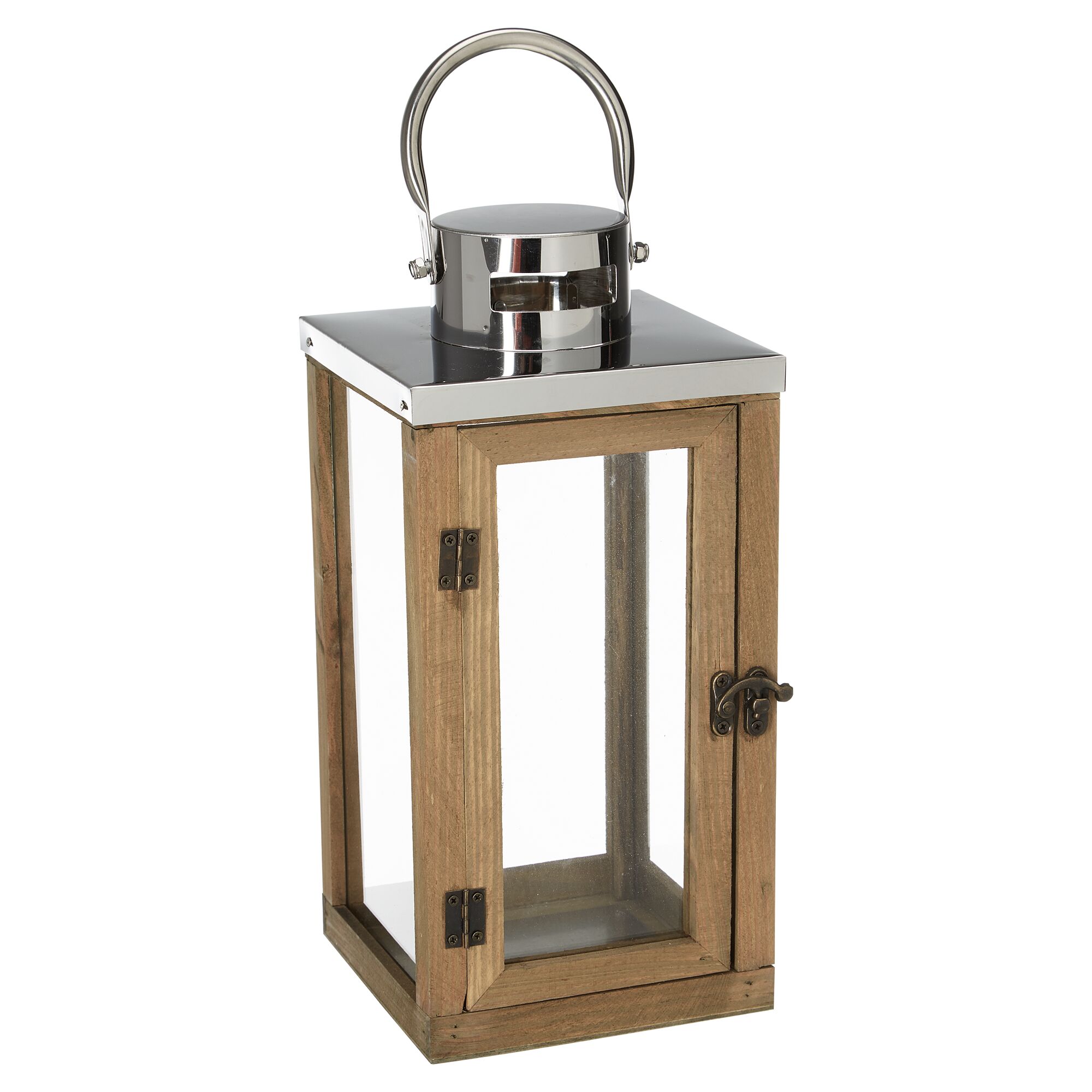 Braune Holzlaterne mit silbernem Metalldeckel und -griff.