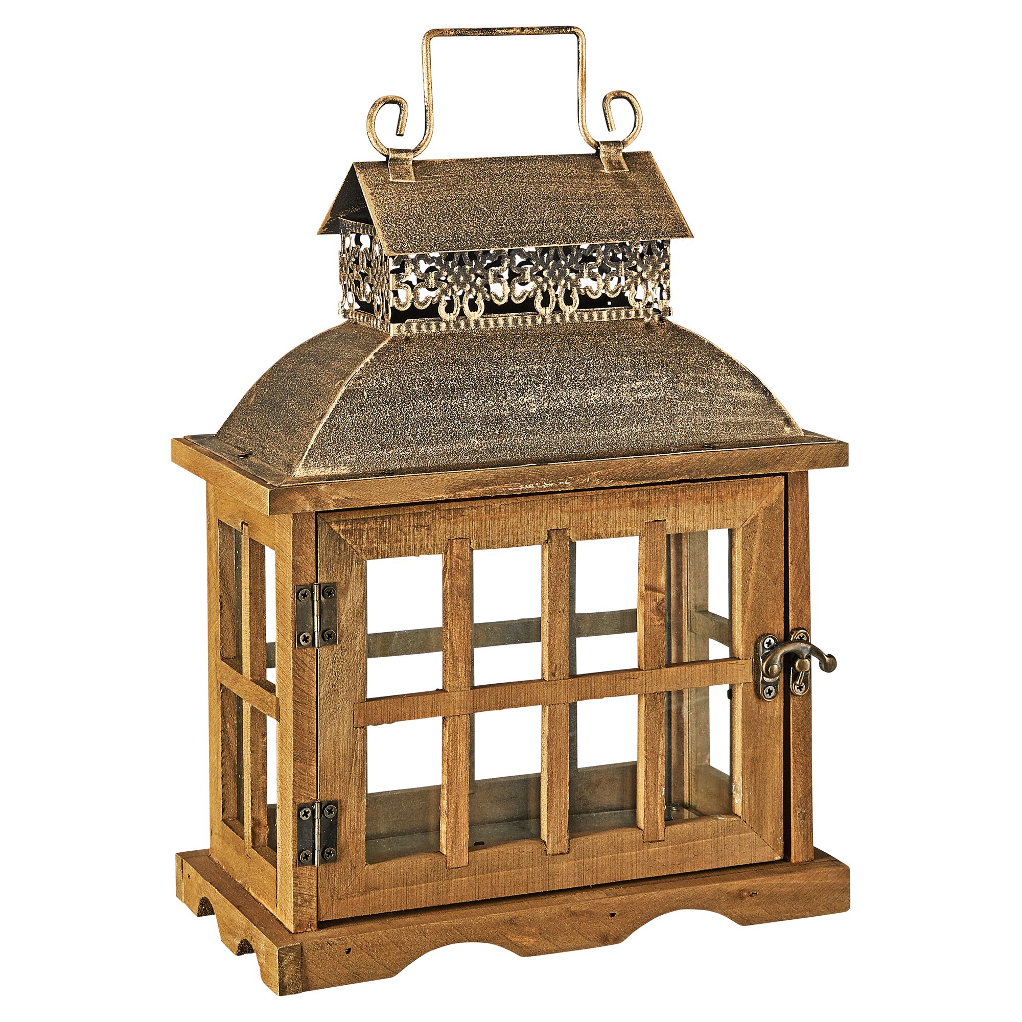 Braune Holzlaterne mit goldenem Metalldach.