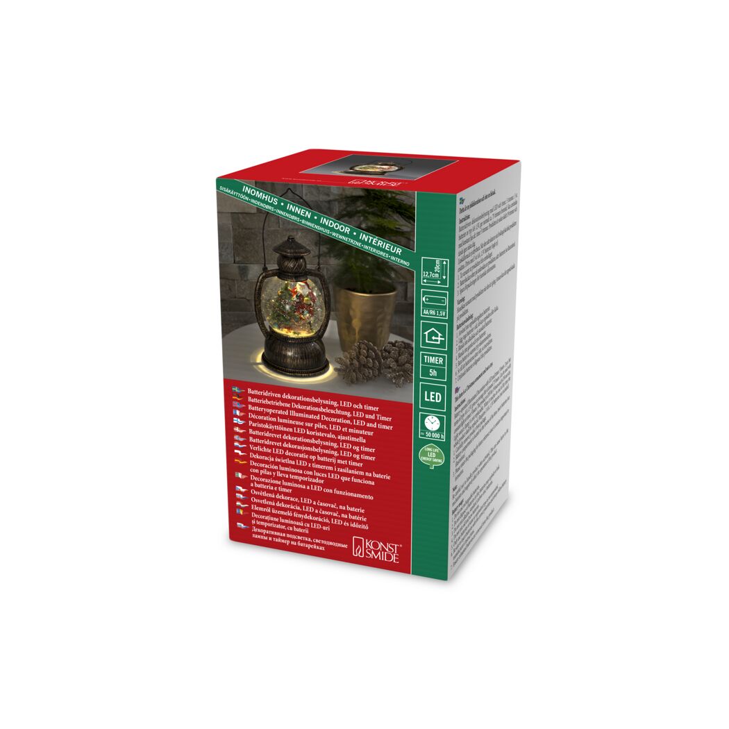 Produktbild einer LED-Laterne mit Weihnachtsmotiv in Verpackung.