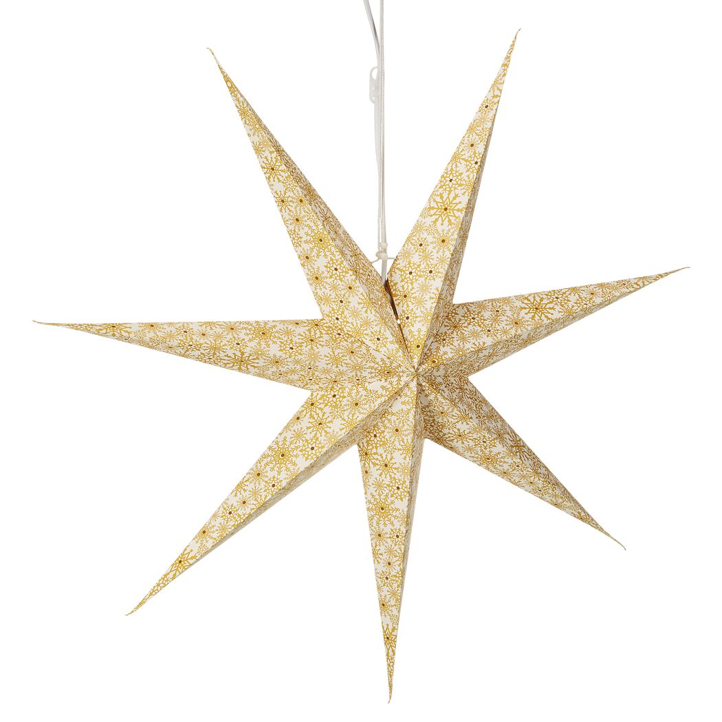 Weißer hängender Papierstern mit goldenem Schneeflockenmuster