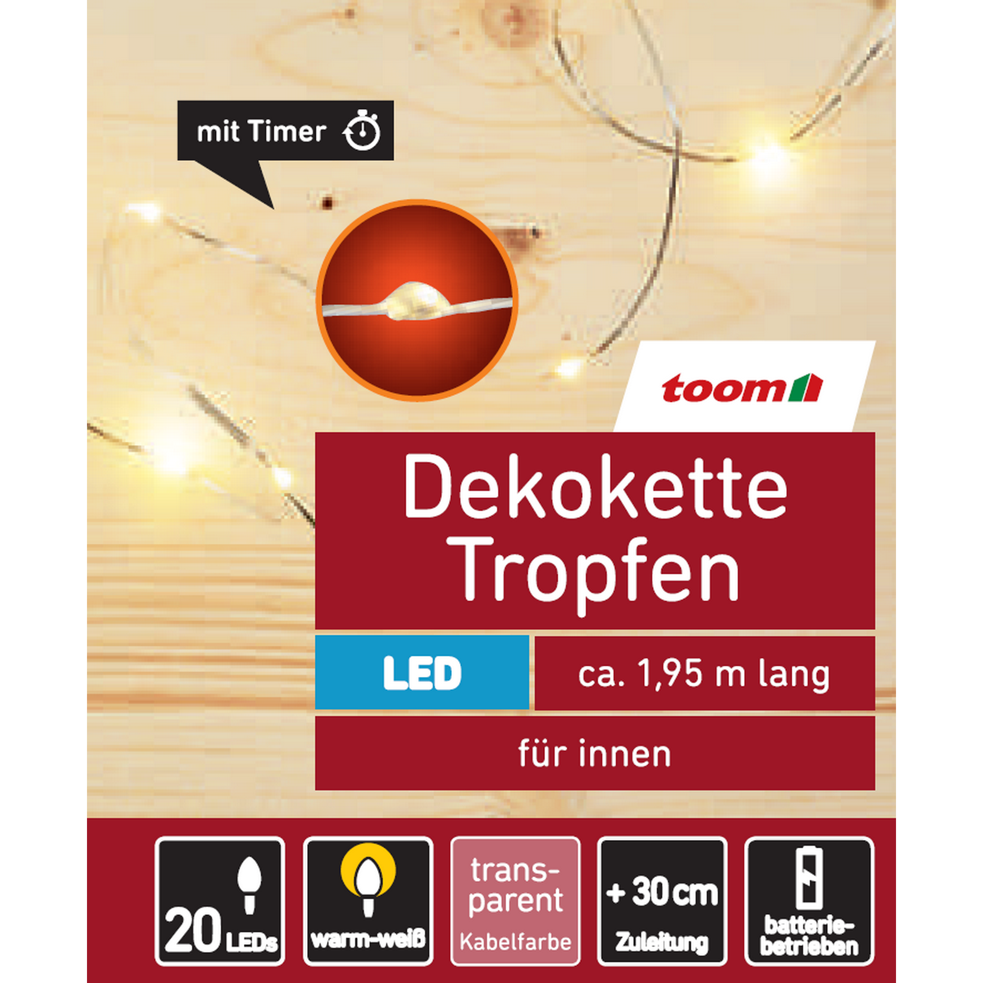 LED-Lichterkette 'Tropfen' 20 LEDs warmweiß 195 cm + product picture