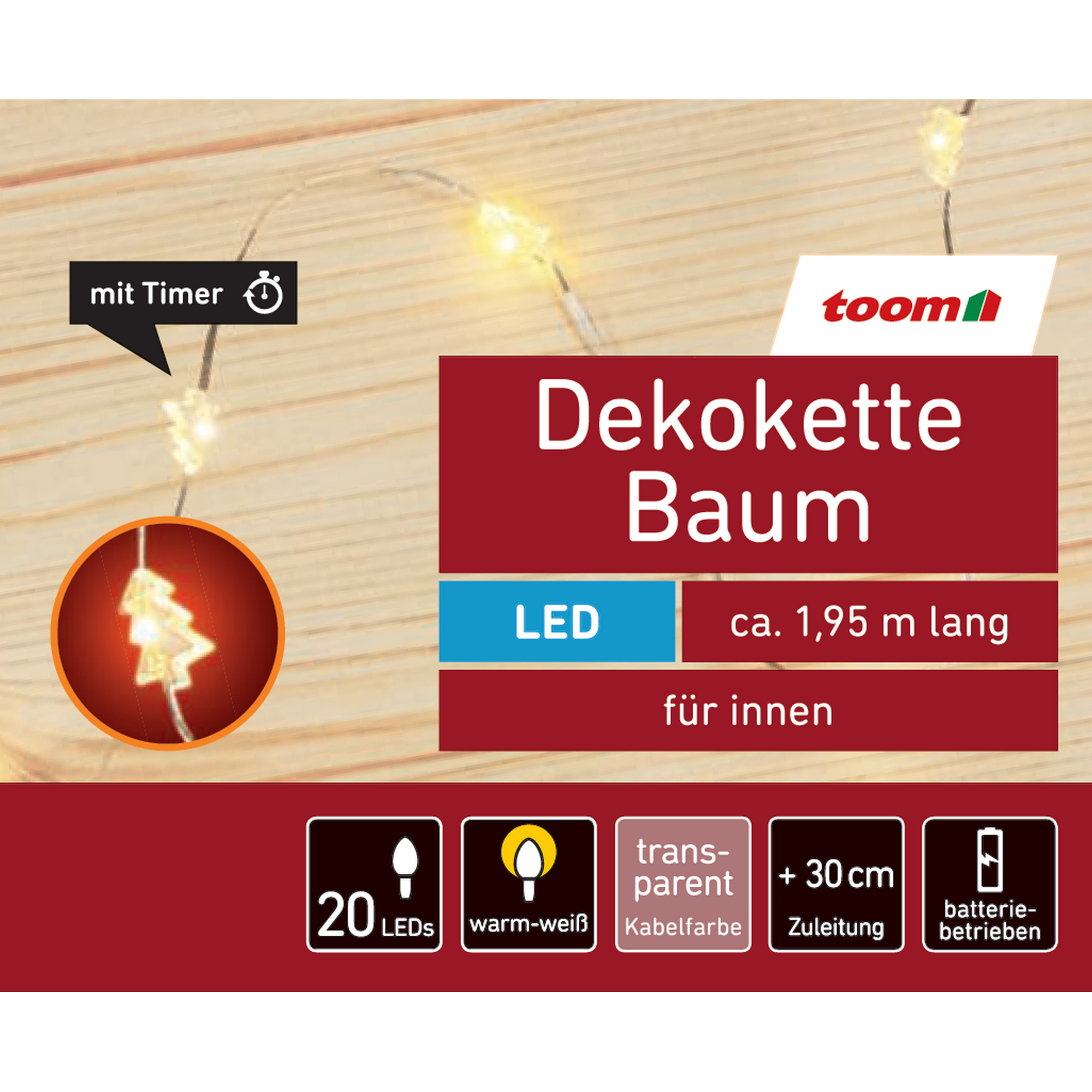 LED-Lichterkette 'Baum' 20 LEDs warmweiß 195 cm + product picture