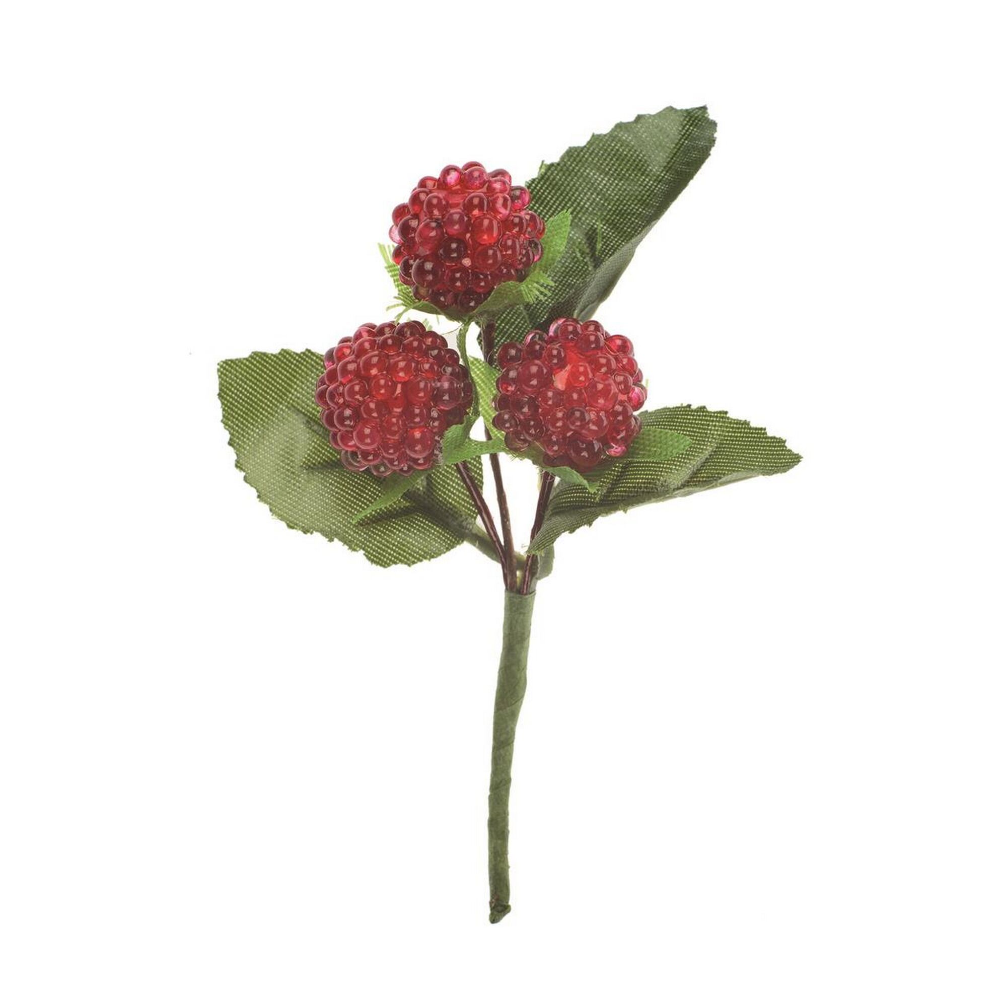 Künstliche Himbeeren mit Blättern an einem Stiel.