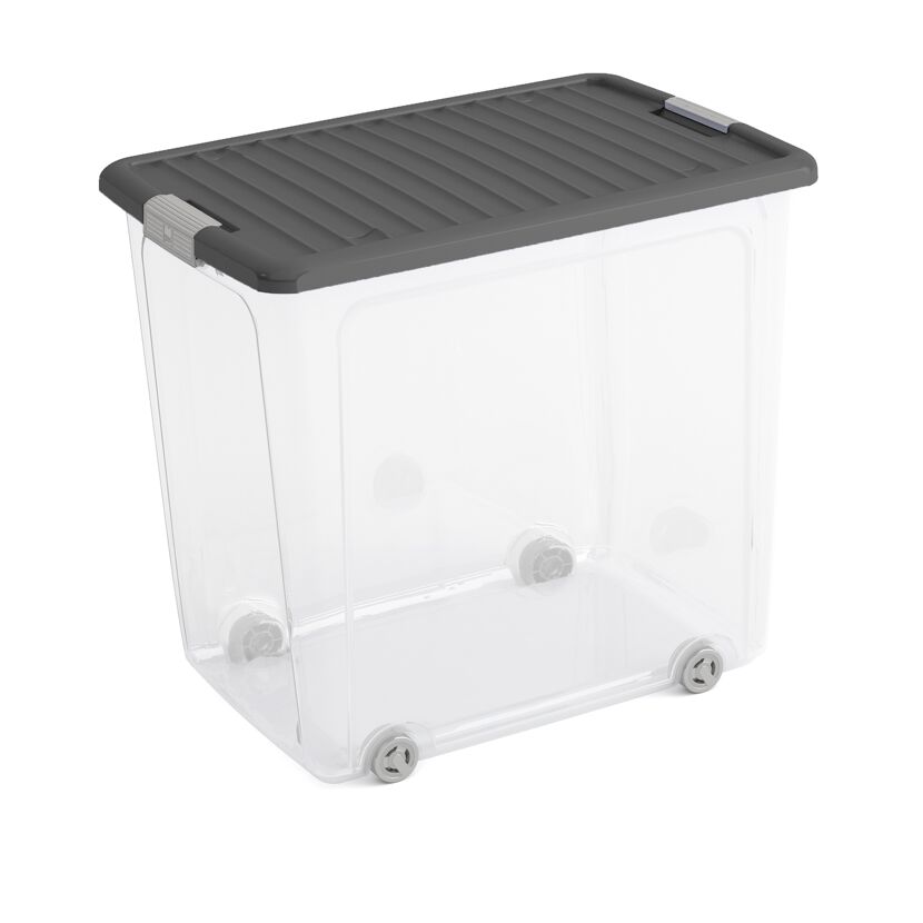 Transparente Aufbewahrungsbox mit Rollen und grauem Deckel